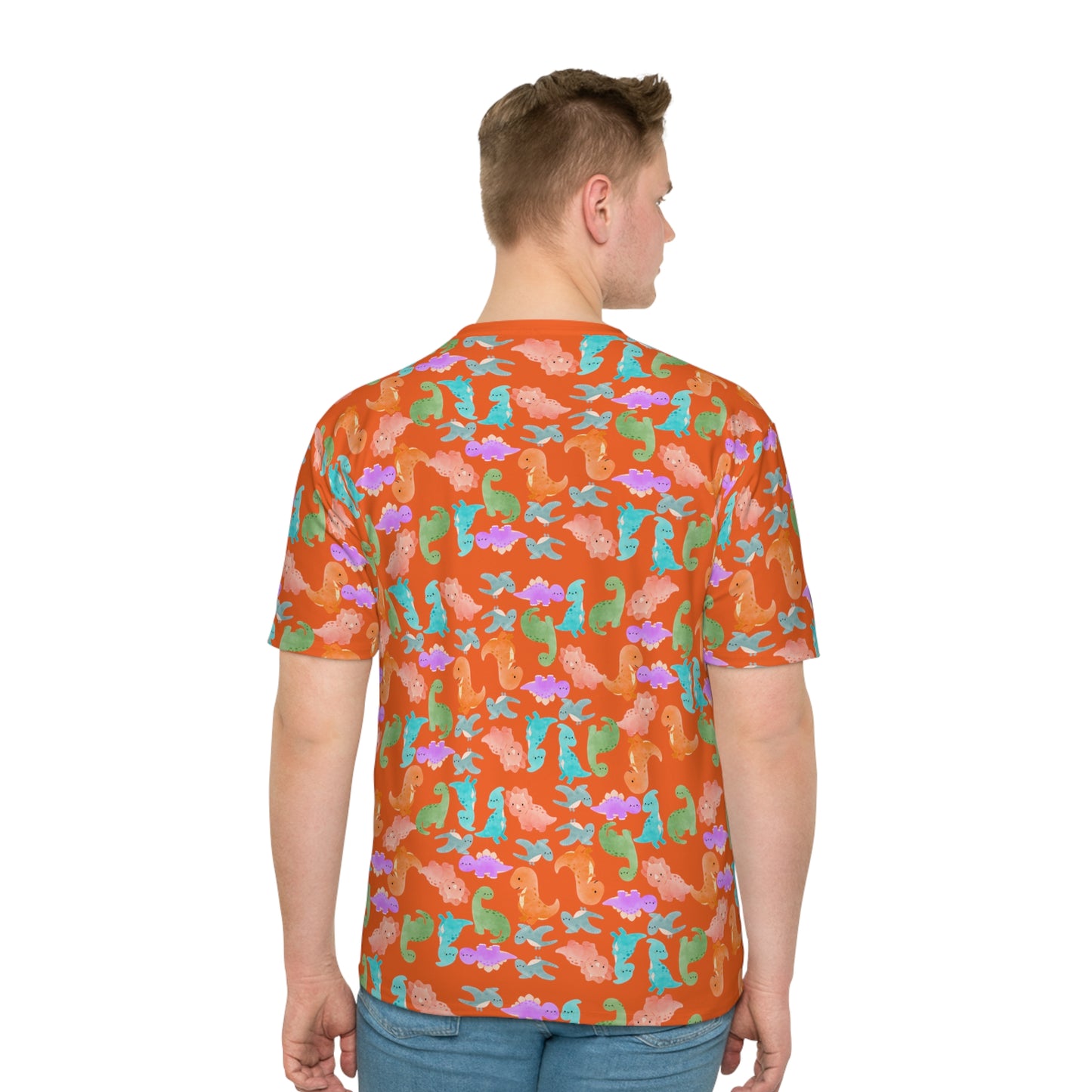 Whimsical Dino Mens Loose TShirt Beachwear Summer Shirt Gift Idea Casual Tee Rainbow Dinos Orange