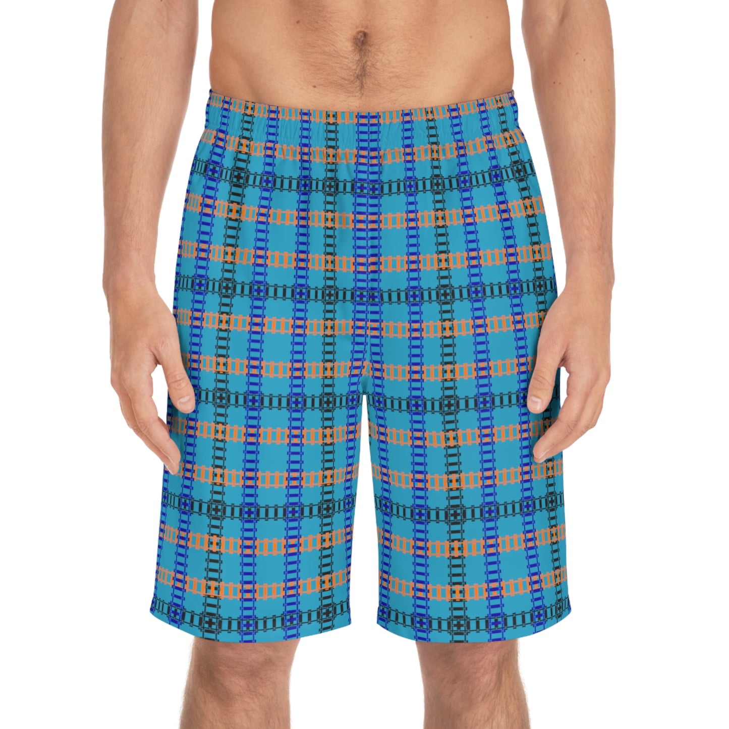 Vibrant Mens Board Shorts Perfect for Summer Beach Days and Pool Parties | Stylish Swimwear Train Tracks Turquoise