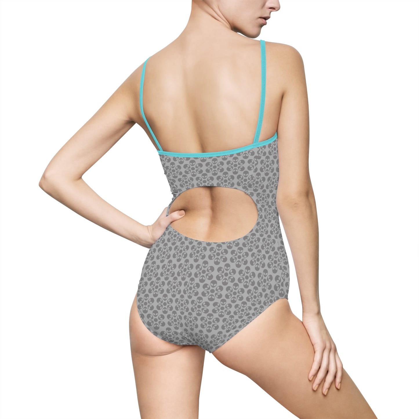 Womens Onepiece Swimsuit Alien Flowers Light Grey