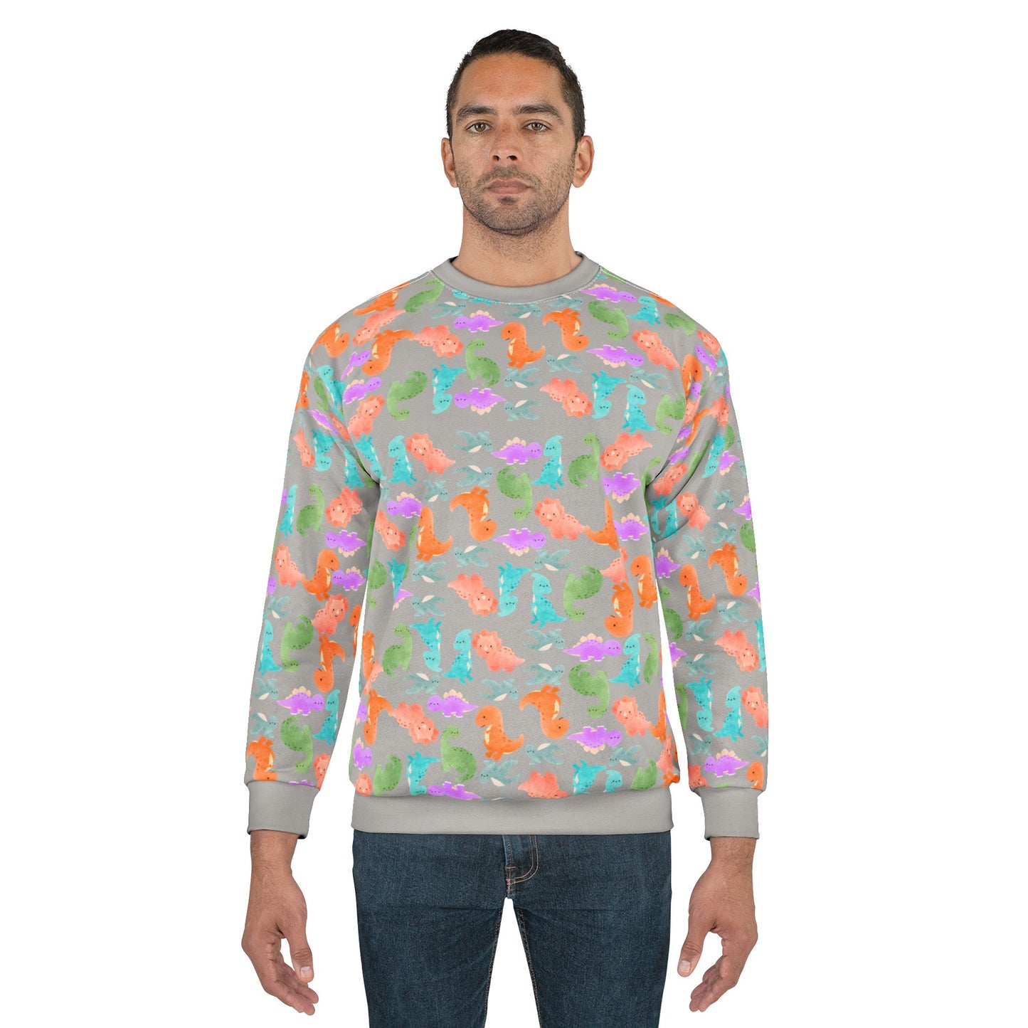 Colorful Dino Unisex Sweatshirt Ocean Vibe Apparel AOP Pullover for Beach Lovers Gift for Sea Life Enthusiasts Casual Cozy Wear Rainbow Dinos Light Grey