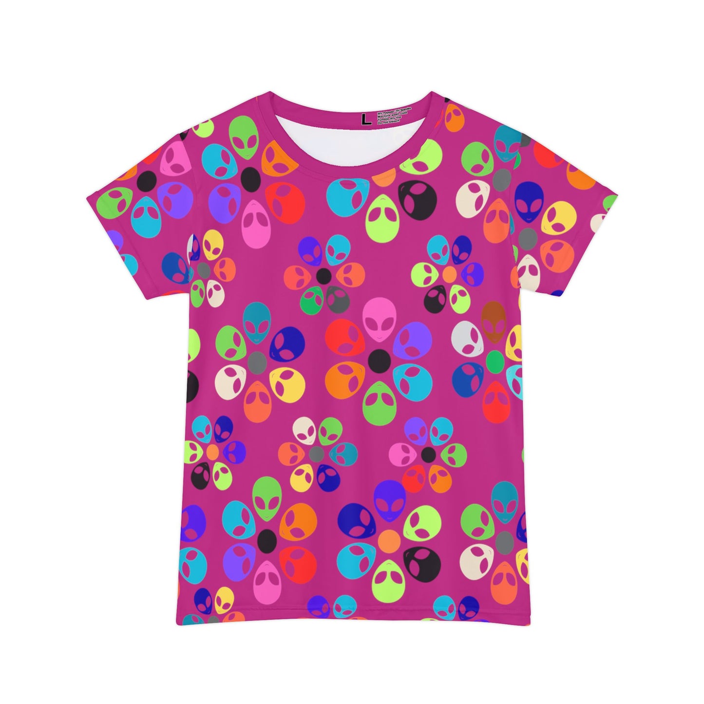Colorful Alien Print Womens Tee Fun Graphic Shirt for Casual Wear Unique Gift for Alien Lovers Perfect for Festivals and Everyday Style Alien Rainbow Flowers Pink