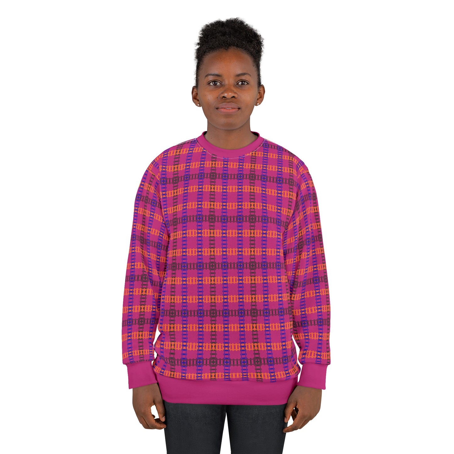 Cozy Plaid Unisex Sweatshirt Perfect for Fall Casual Wear Gift for Him/Her Halloween Warm & Stylish Train Tracks Pink