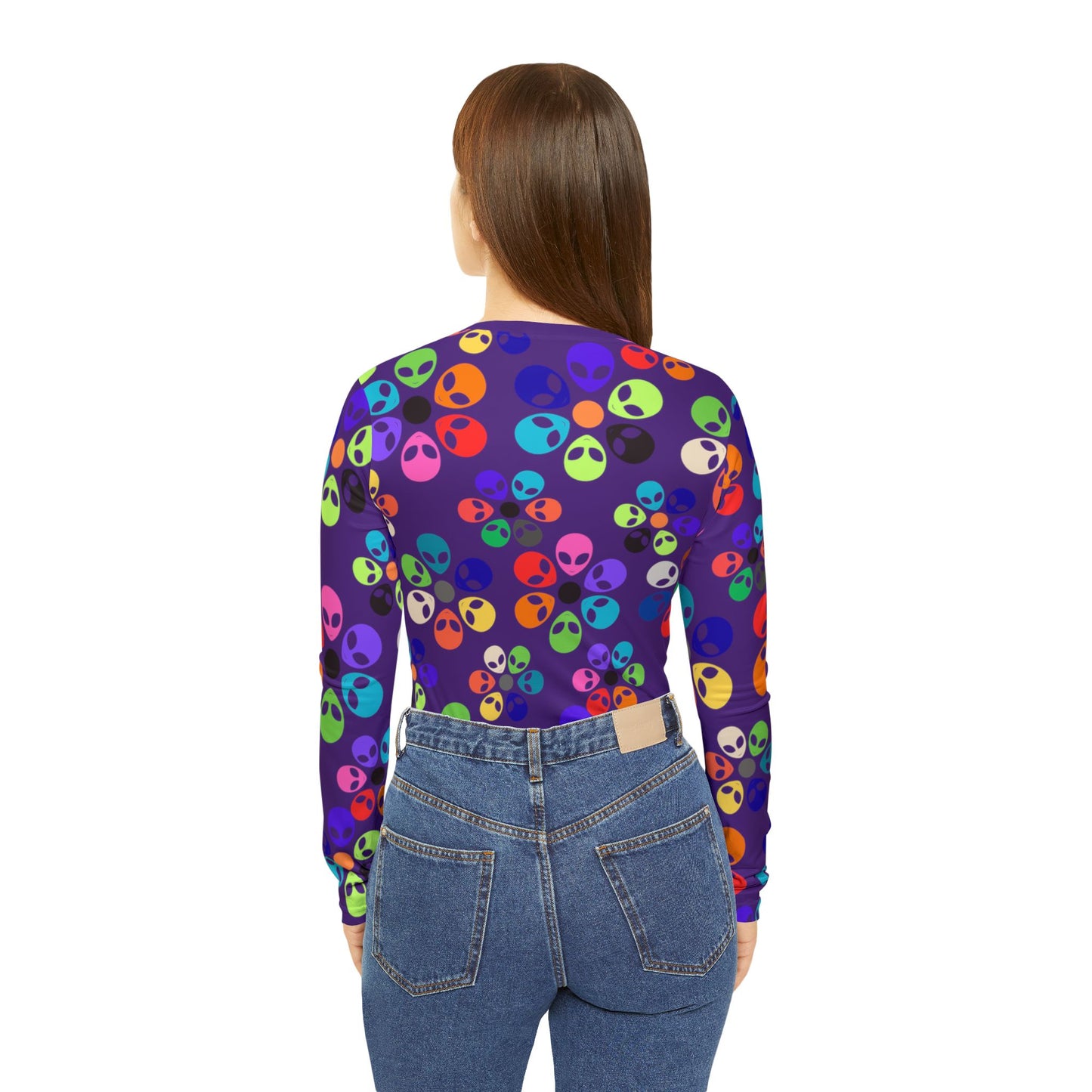 Colorful Alien Print Womens Long Sleeve VNeck Shirt Fun VNeck Tee Boho Style Top Unique Gift for SciFi Lovers Casual Everyday Wear Alien Rainbow Flowers Purple