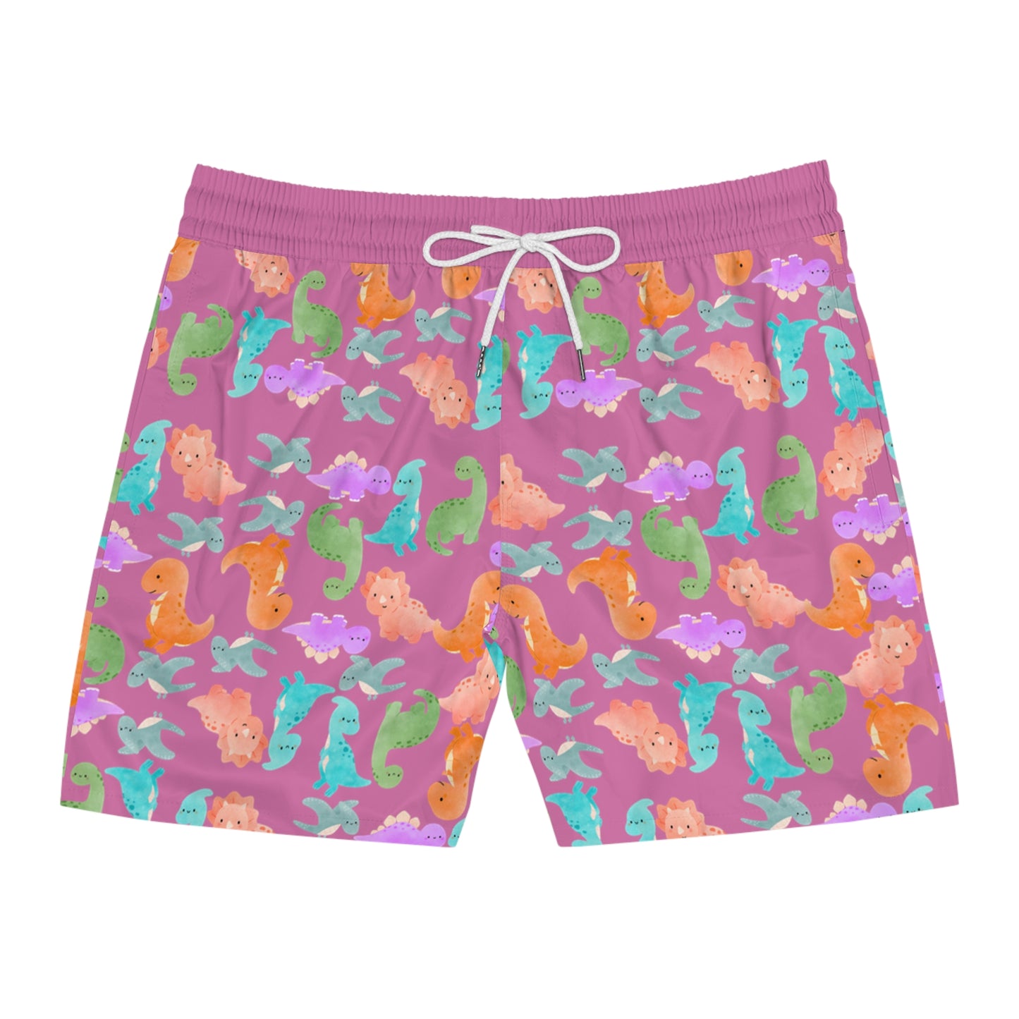 Colorful Dino Swim Shorts for Men | Beachwear Summer Fun Pool Parties Vacation Essentials Nautical Style Rainbow Dinos Light Pink