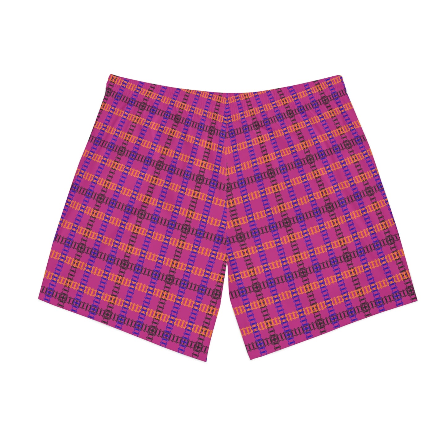 Mens Elastic Beach Shorts Vibrant Plaid Print Casual Swimwear Summer Essentials Vacation Attire Poolside Fashion Beach Day Train Tracks Pink