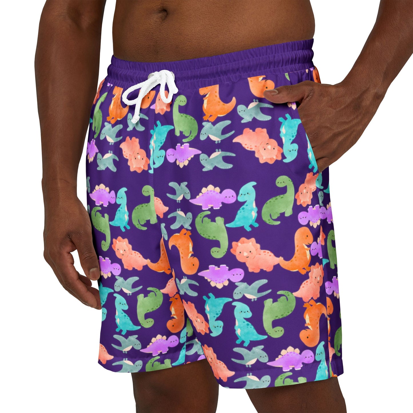 Vibrant Dino Unisex Swim Shorts Beachwear Summer Swimwear Vacation Essentials Pool Party Mens Swim Trunks Unique Design Rainbow Dinos Purple