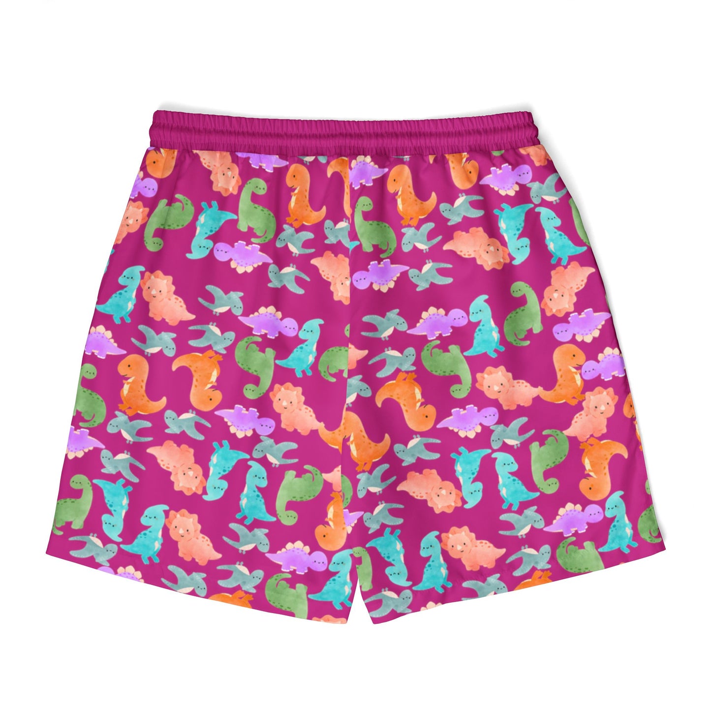Vibrant Dino Unisex Swim Shorts Beachwear Summer Swimwear Vacation Essentials Pool Party Mens Swim Trunks Unique Design Rainbow Dinos Pink