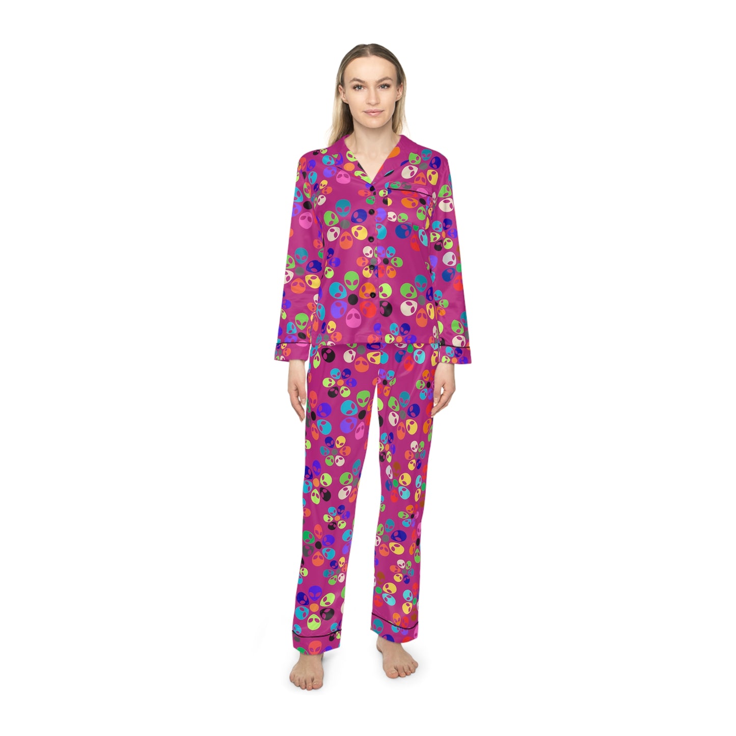 Colorful Womens Satin Pajamas Comfortable Sleepwear Set Cozy PJs for Women Vibrant Loungewear Cute Gift for Her Alien Rainbow Flowers Pink