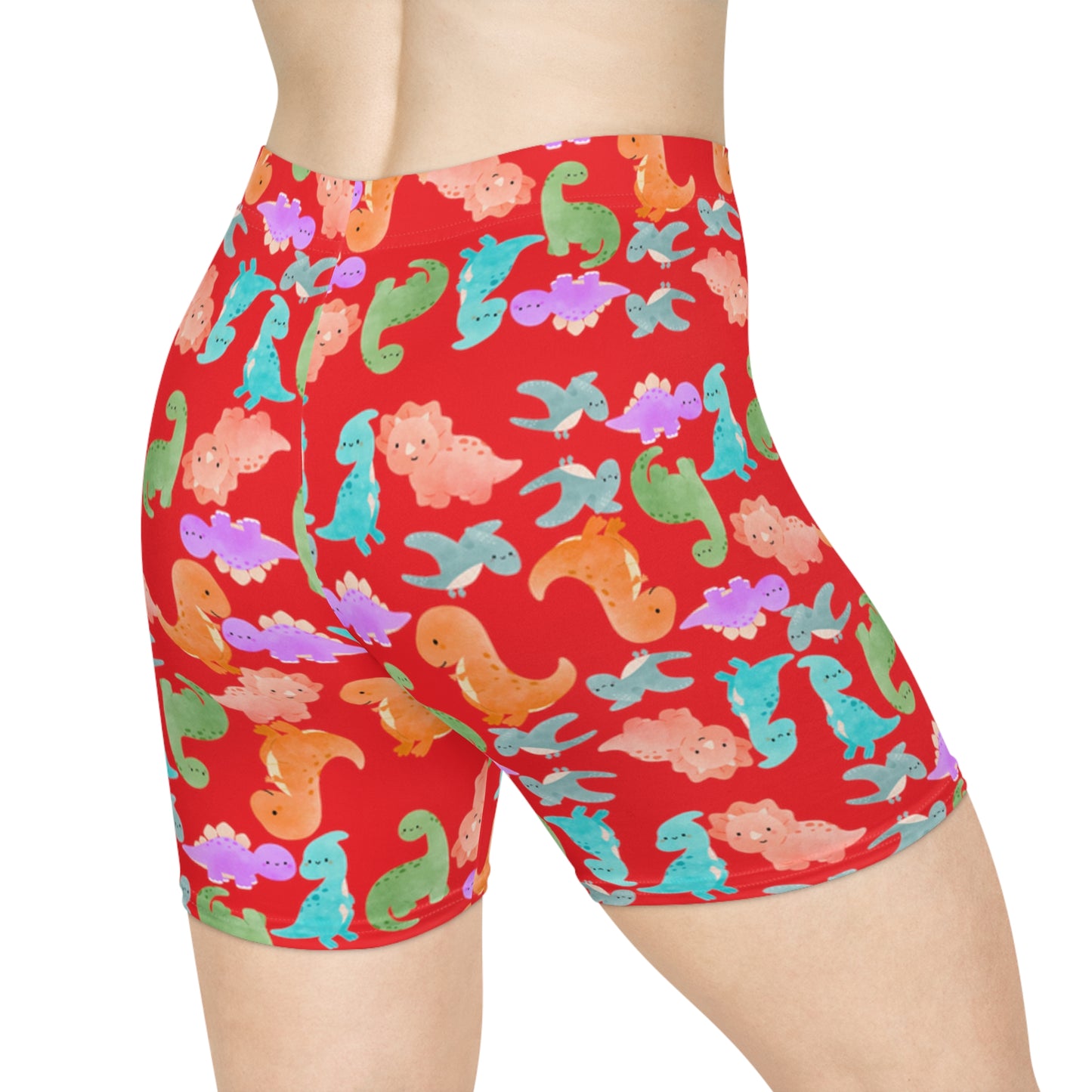 Colorful Dinosaur Womens Biker Shorts  AOP Perfect for Casual Wear workout Summer Birthdays Playdates Unique Gift Rainbow Dinos Red
