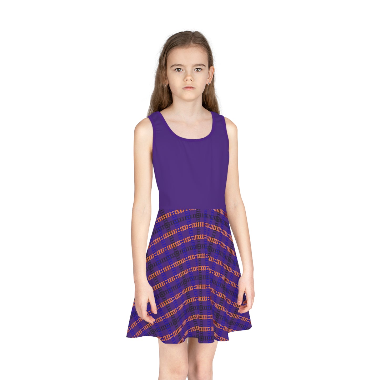 Girls Sleeveless Sundress with Playful Plaid Design Summer Dress Birthday Gift Everyday Wear Playdate Outfit Kids Fashion Train Tracks Purple