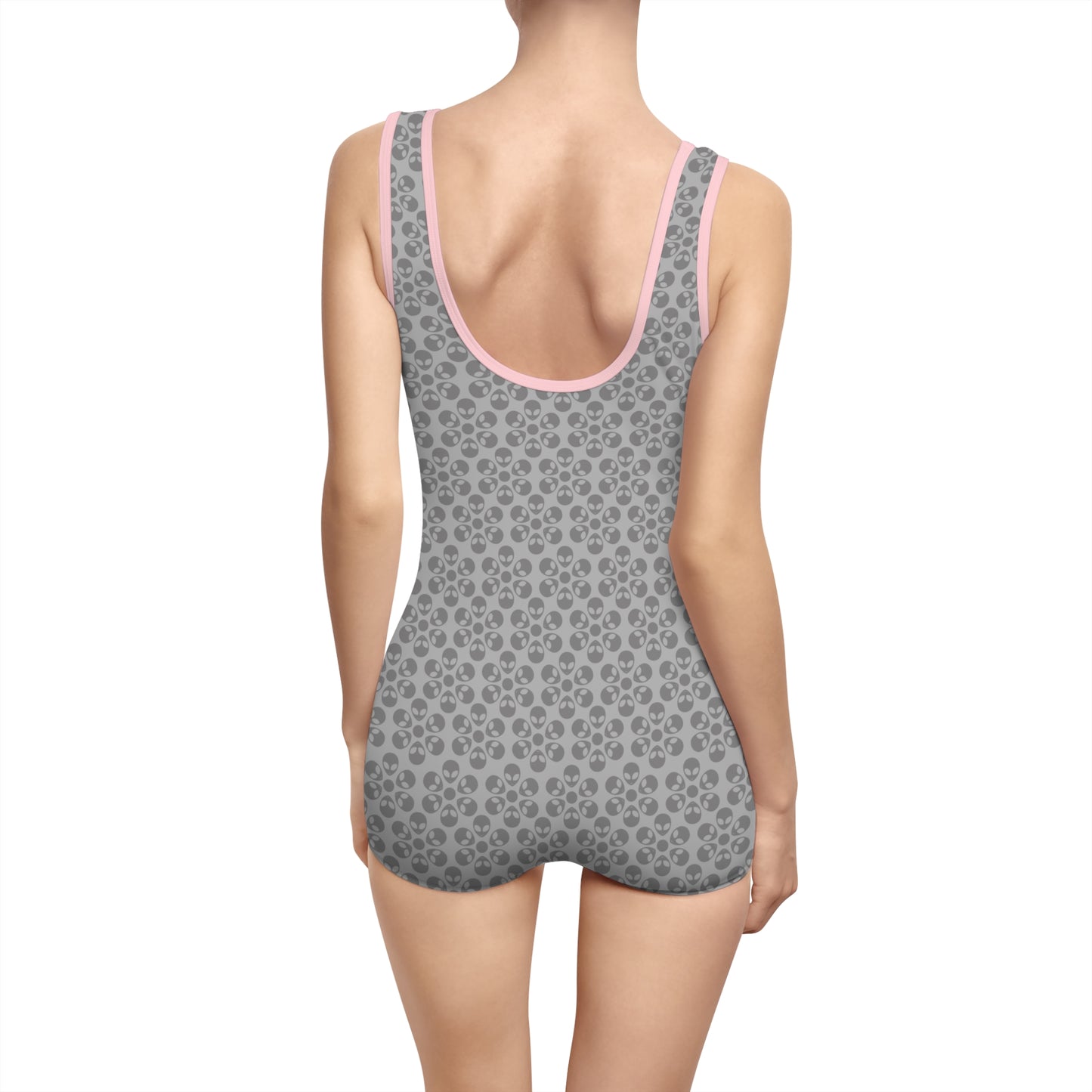 Womens Vintage Swimsuit Alien Flowers Light Grey