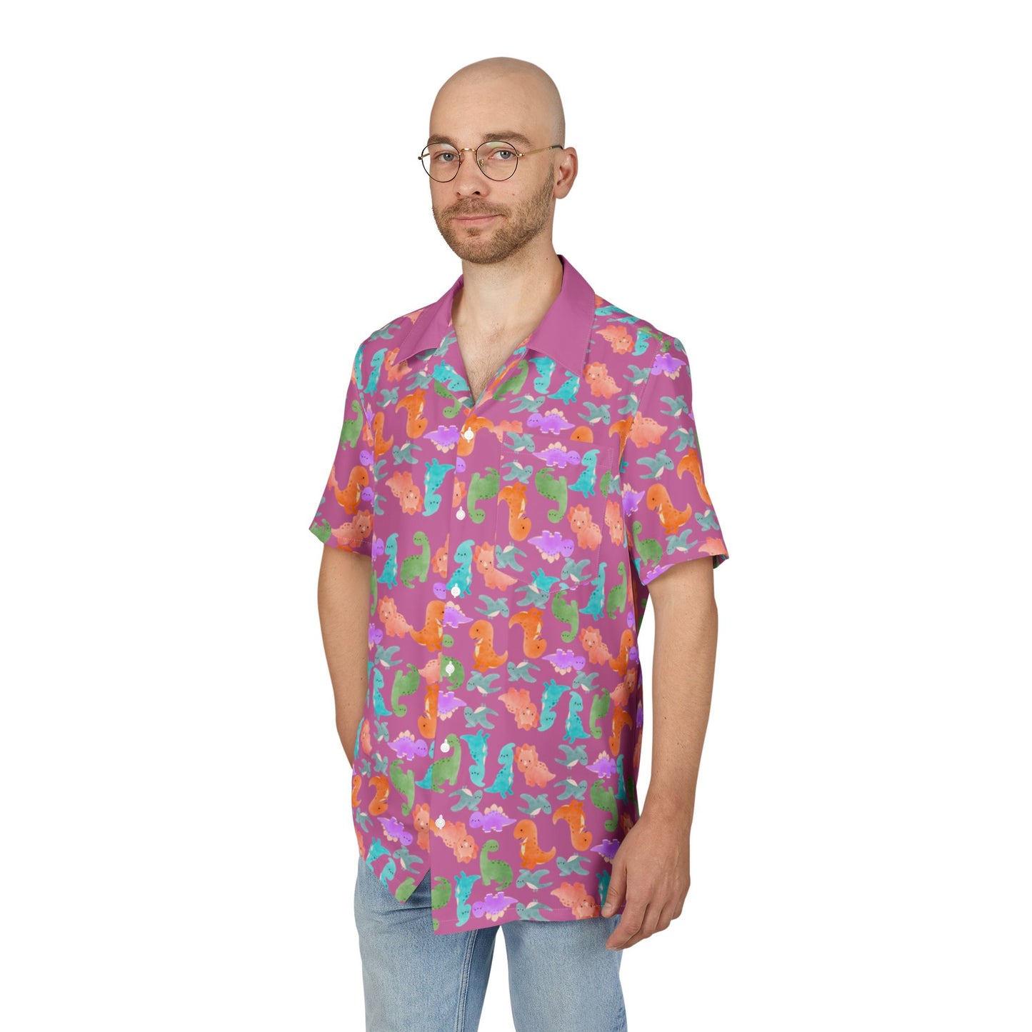 Vibrant Tropical Hawaiian Shirt for Summer Getaways Beachwear Casual Attire Vacation Luau Parties Rainbow Dinos Light Pink