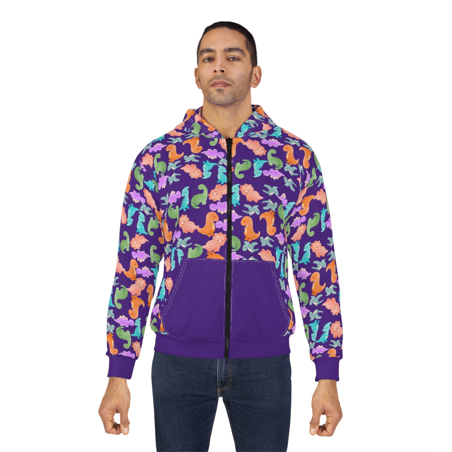 Colorful Dino Unisex Zip Hoodie OceanInspired Hooded Sweatshirt Beach Trip Hoodie Perfect Gift for Marine Life Lovers Rainbow Dinos Purple