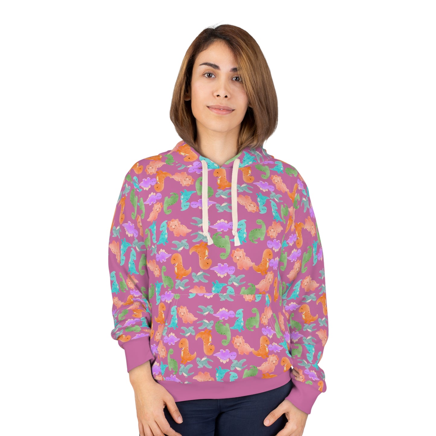 Colorful Dino Unisex Pullover Hoodie Cozy Beach Vibe Sweatshirt Gift for Ocean Lovers Fun Casual Wear Homewear Rainbow Dinos Light Pink
