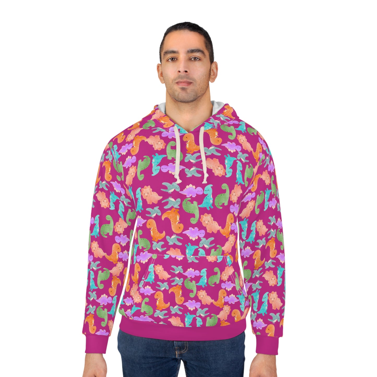 Colorful Dino Unisex Pullover Hoodie Cozy Beach Vibe Sweatshirt Gift for Ocean Lovers Fun Casual Wear Homewear Rainbow Dinos Pink