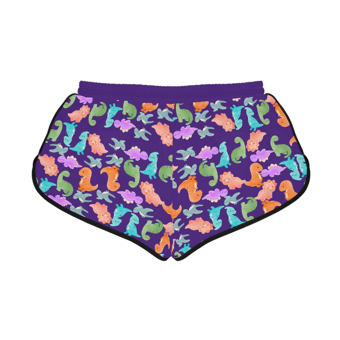 Colorful Dino Print Womens Relaxed Shorts Perfect for Summer Beachwear Loungewear Gift for Her Casual Style Rainbow Dinos Purple