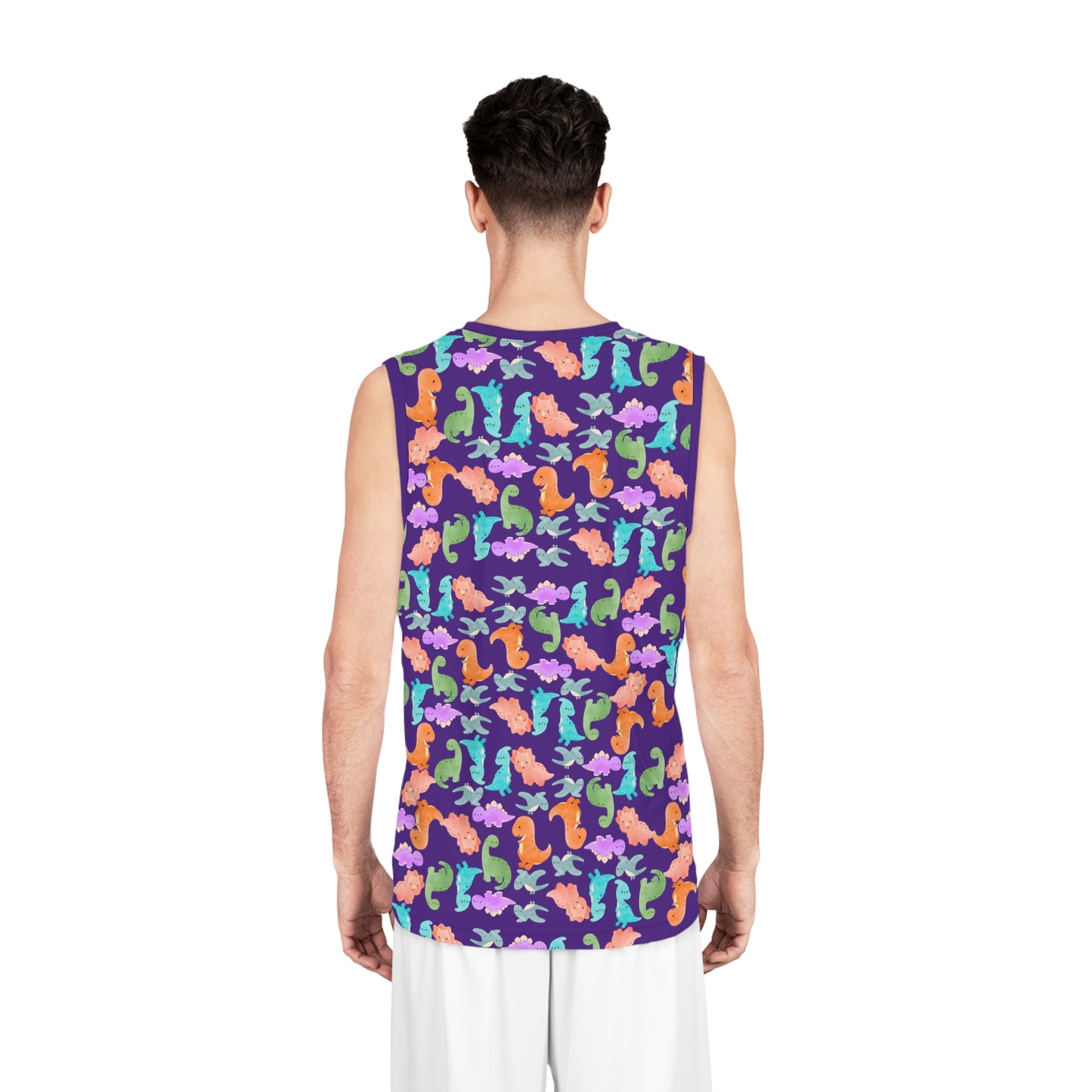 DinoInspired Basketball Jersey Vibrant Sport Tank Fun Summer Apparel Beach Style Gear Youth and Adult Sizes Unique Gift for Players Rainbow Dinos Purple
