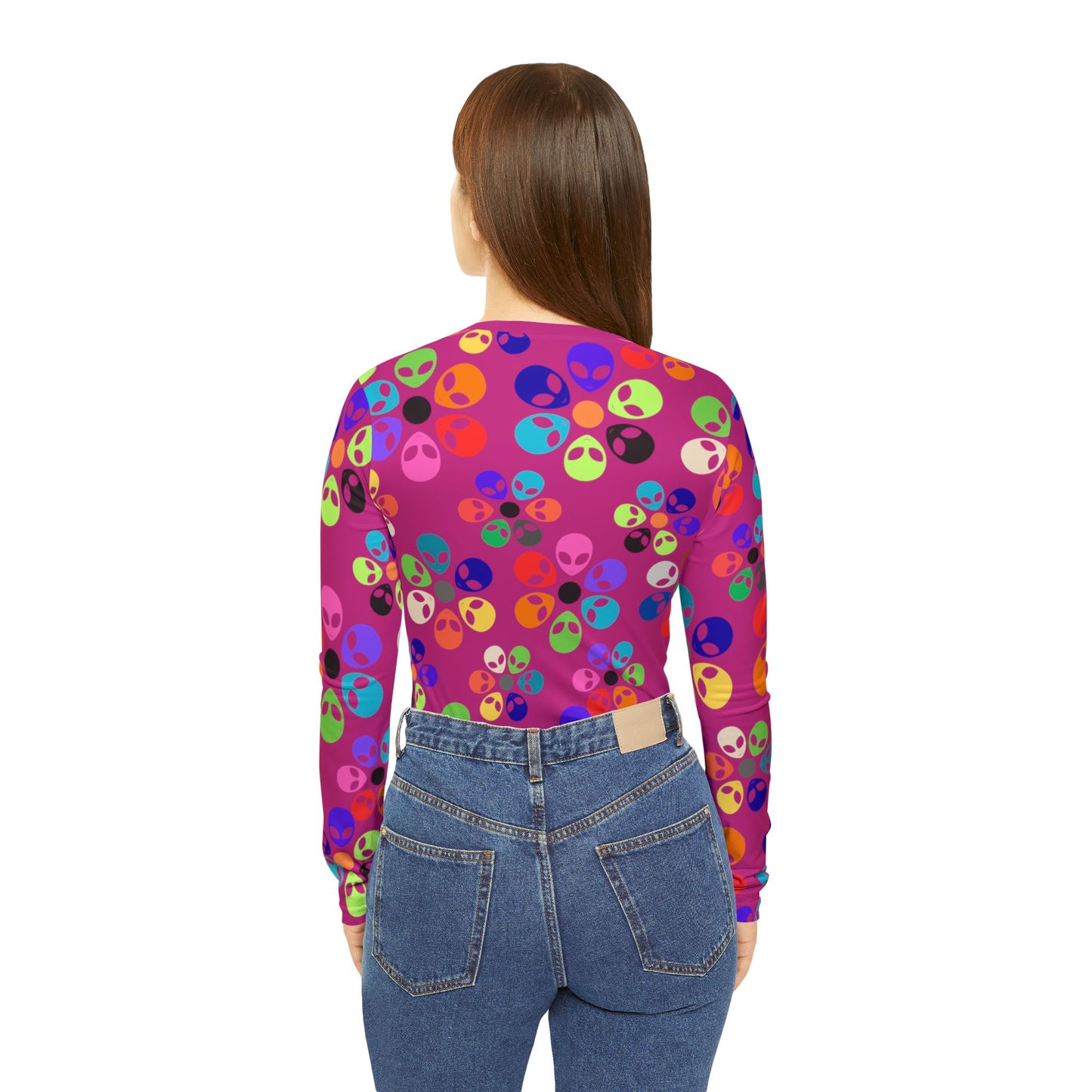 Colorful Alien Print Womens Long Sleeve VNeck Shirt Fun VNeck Tee Boho Style Top Unique Gift for SciFi Lovers Casual Everyday Wear Alien Rainbow Flowers Pink