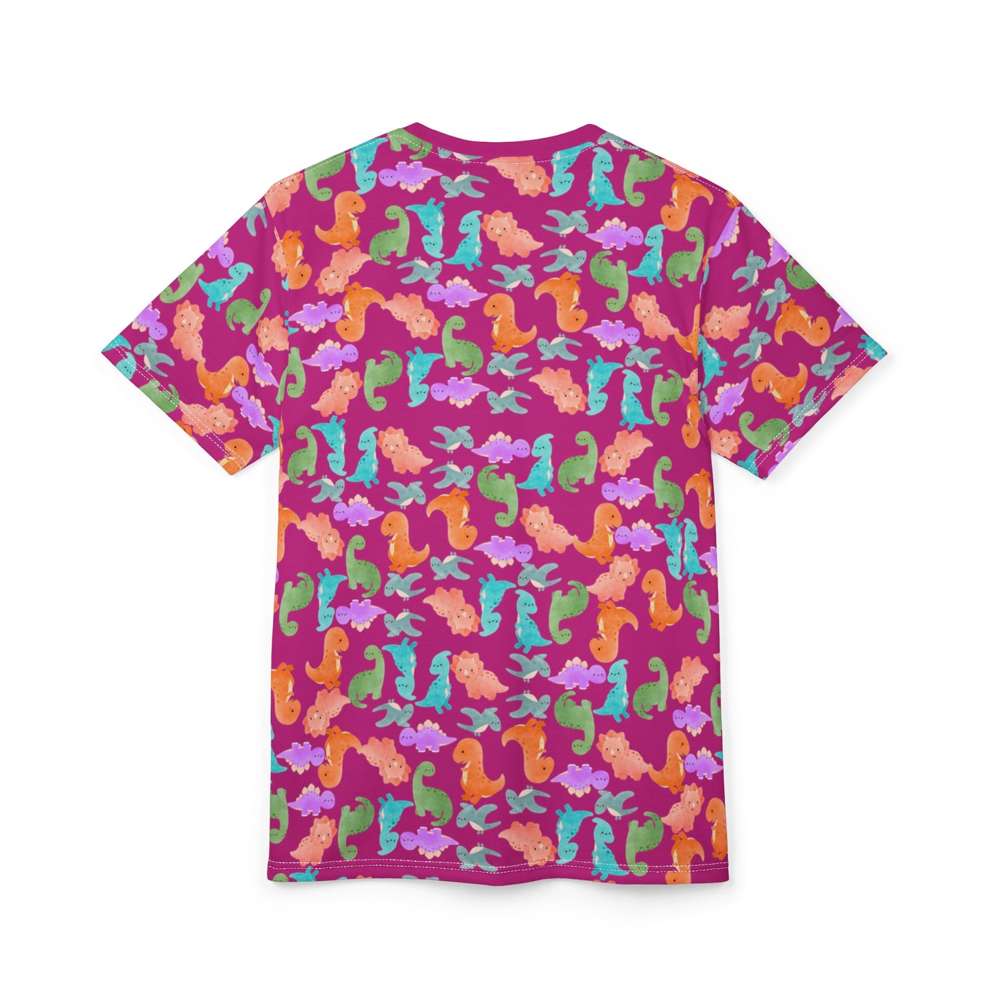 Vibrant Dino Pattern Tee for Ocean Lovers Perfect for Summer Casual Wear Gift for Beach Lovers Tropical Vibe Clothing Rainbow Dinos Pink