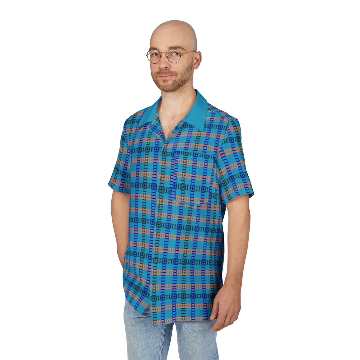 Vibrant Unisex Hawaiian Shirt Casual Summer Wear Vacation Outfit Beach Party Attire Gift for Him/Her Train Tracks Turquoise