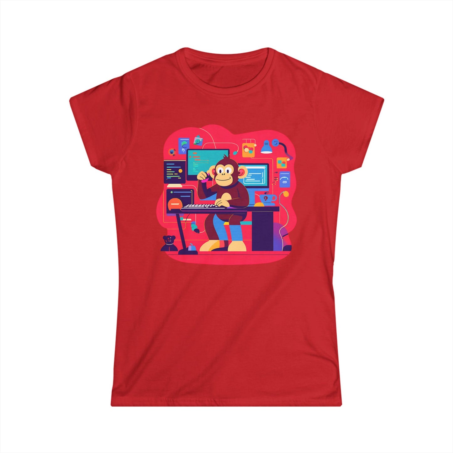 Cute Gamer Monkey Tee, Women's Gaming Shirt, Fun Softstyle Tee, Anime Style T-Shirt, Gift for Gamers, Cute Animal Apparel