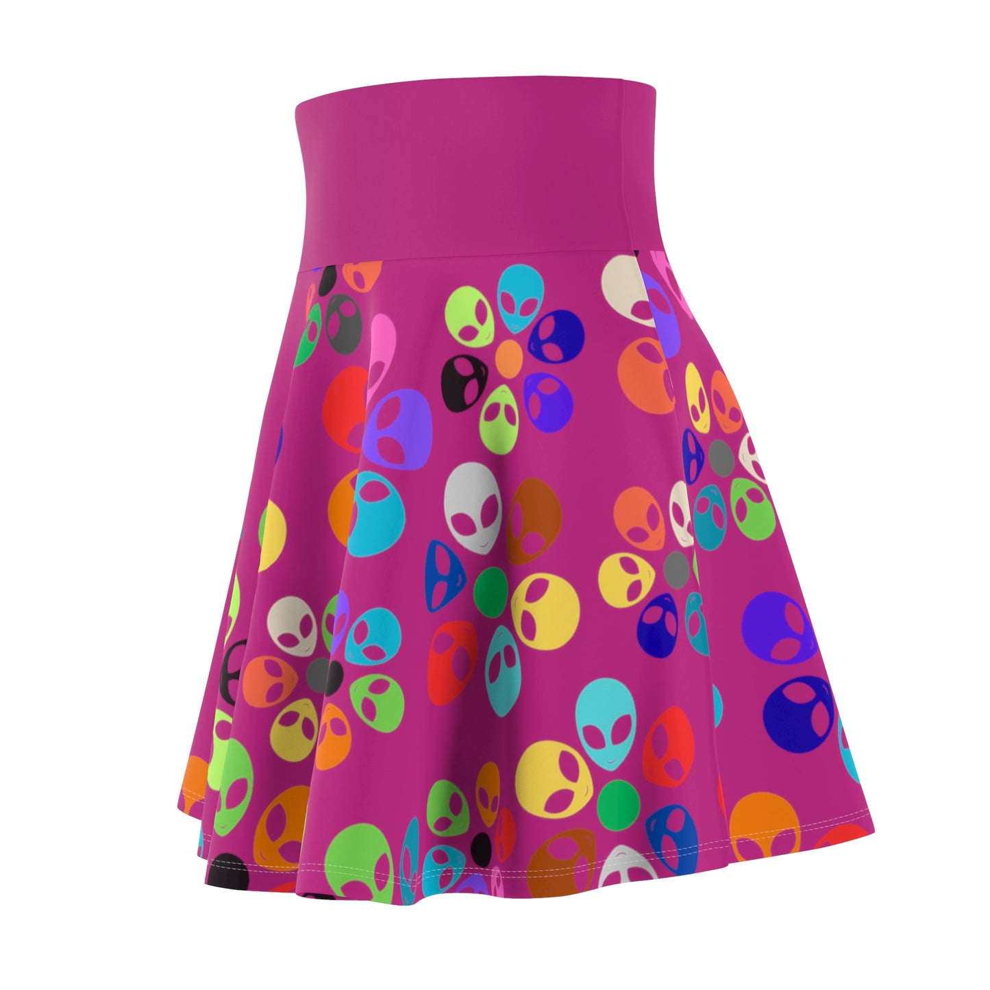 Colorful Alien Print Womens Skater Skirt Fun Fashion Summer Vibes Festival Wear Unique Style Casual Skirts Gifts for Her Alien Rainbow Flowers Pink
