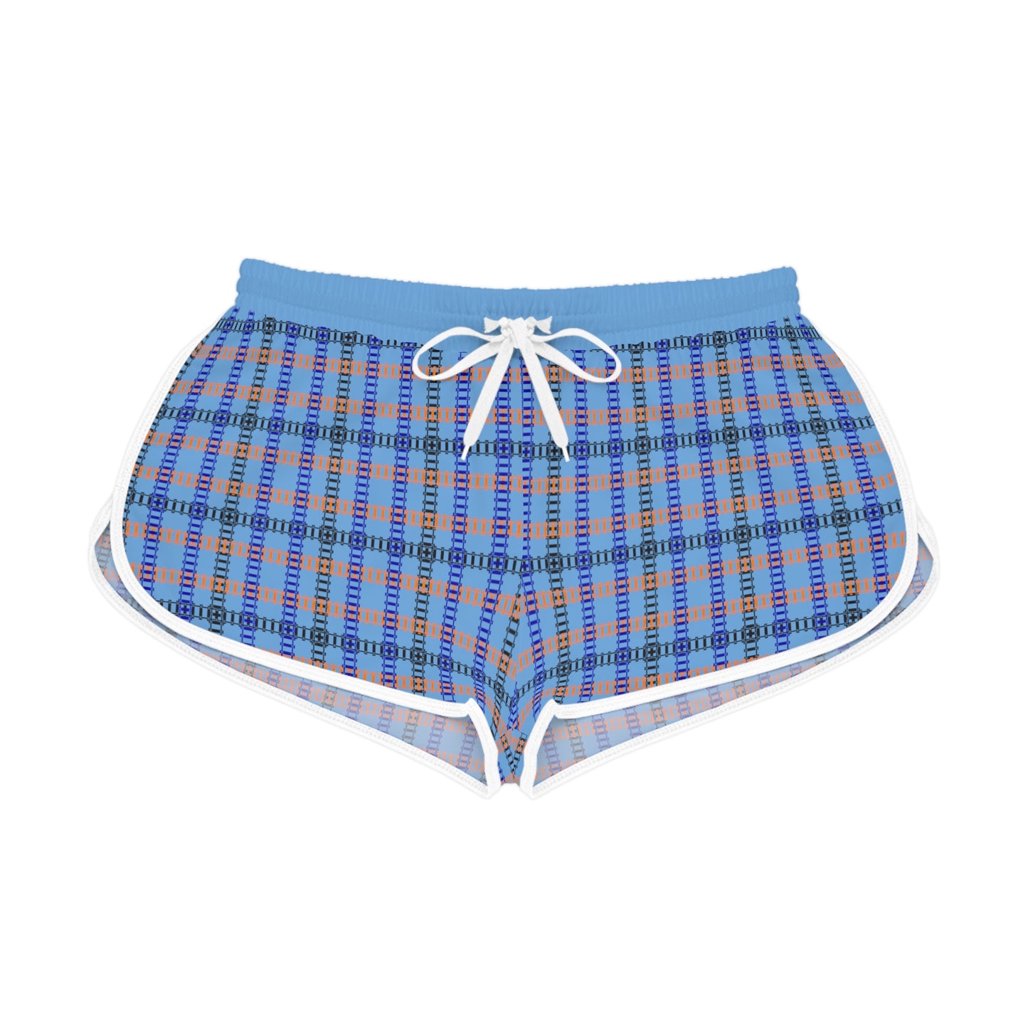 Cozy Casual Womens Shorts Perfect for Summer Days Lounging Beach or Sleepwear AOP Plaid Design Train Tracks Light Blue