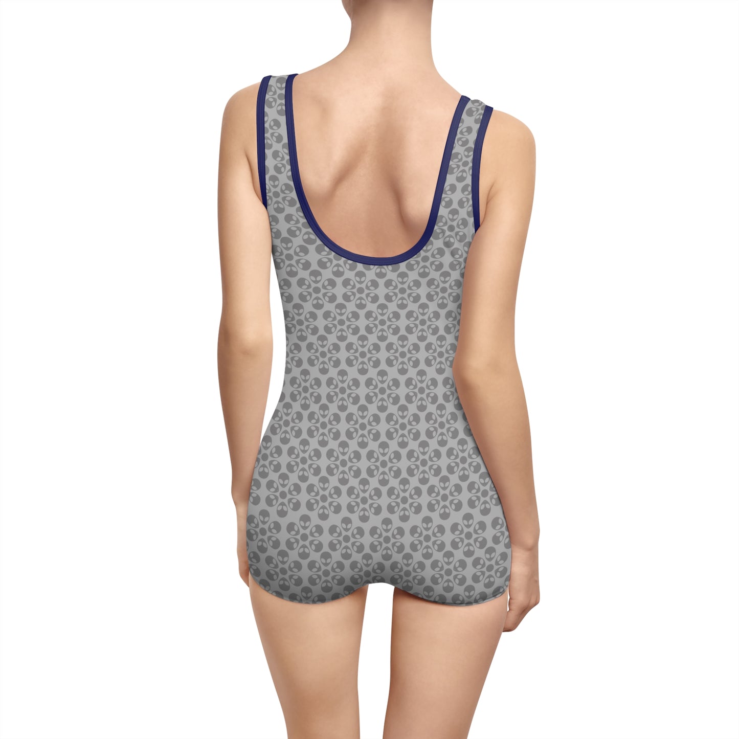 Womens Vintage Swimsuit Alien Flowers Light Grey