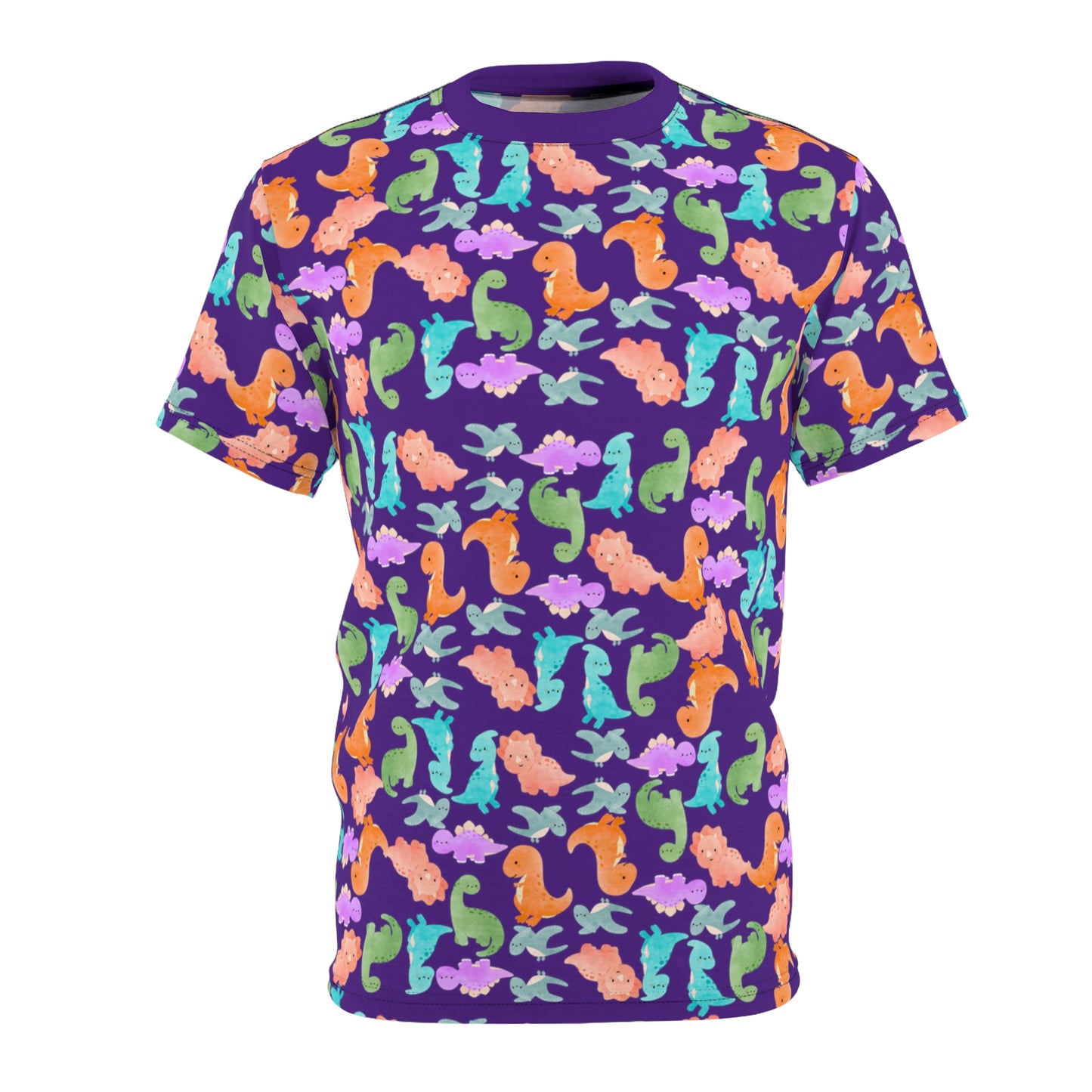 Vibrant Dino Pattern Tee for Ocean Lovers Perfect for Summer Casual Wear Gift for Beach Lovers Tropical Vibe Clothing Rainbow Dinos Purple