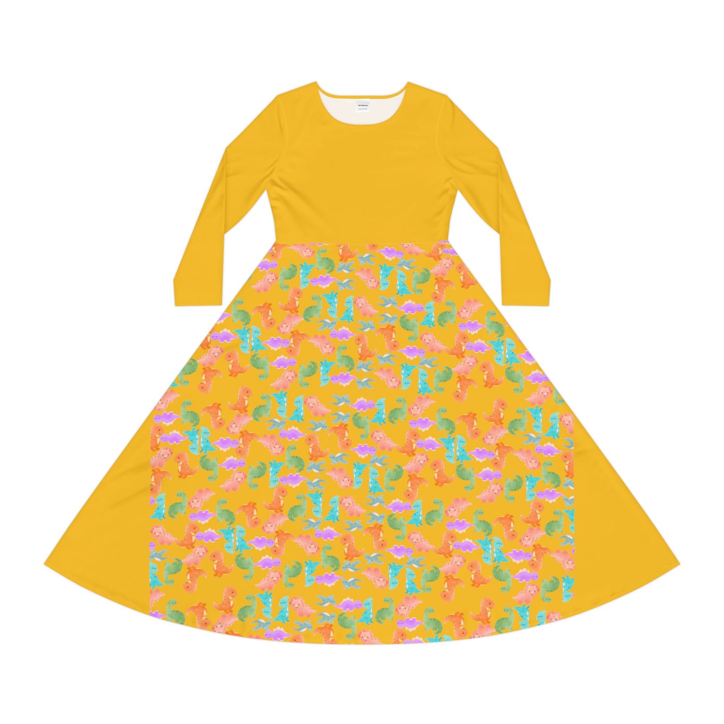 Colorful Long Sleeve Dance Dress Perfect for Parties Dance Events Spring Celebrations Playful Kids Dress Trendy Casual Wear Rainbow Dinos Yellow
