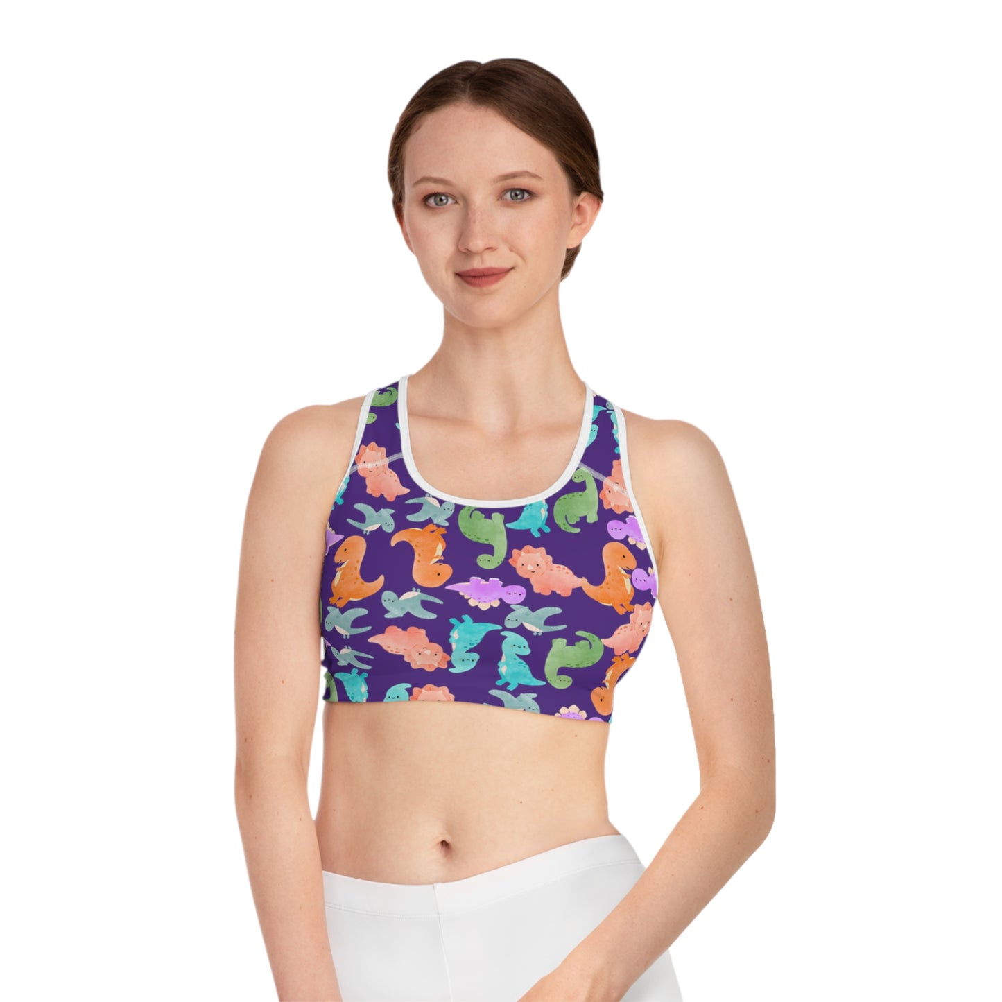 Colorful Dinosaur Print Sports Bra Cute Activewear Gym Top Fitness Wear Gifts for Her Workout Clothing Rainbow Dinos Purple