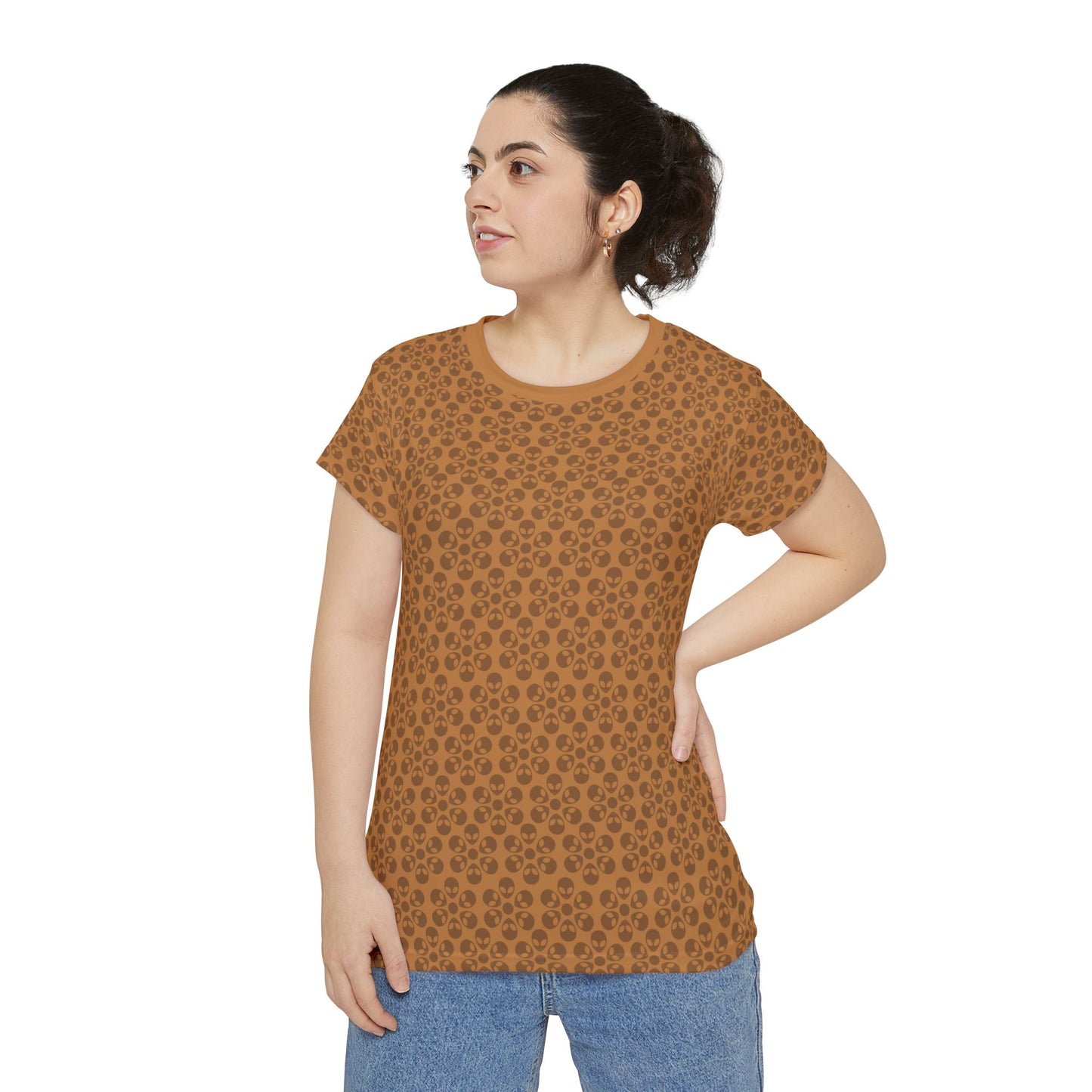 Womens Short Sleeve Shirt Alien Flowers Light Brown