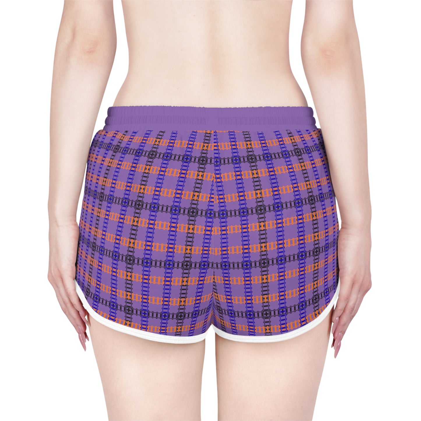 Cozy Casual Womens Shorts Perfect for Summer Days Lounging Beach or Sleepwear AOP Plaid Design Train Tracks Light Purple