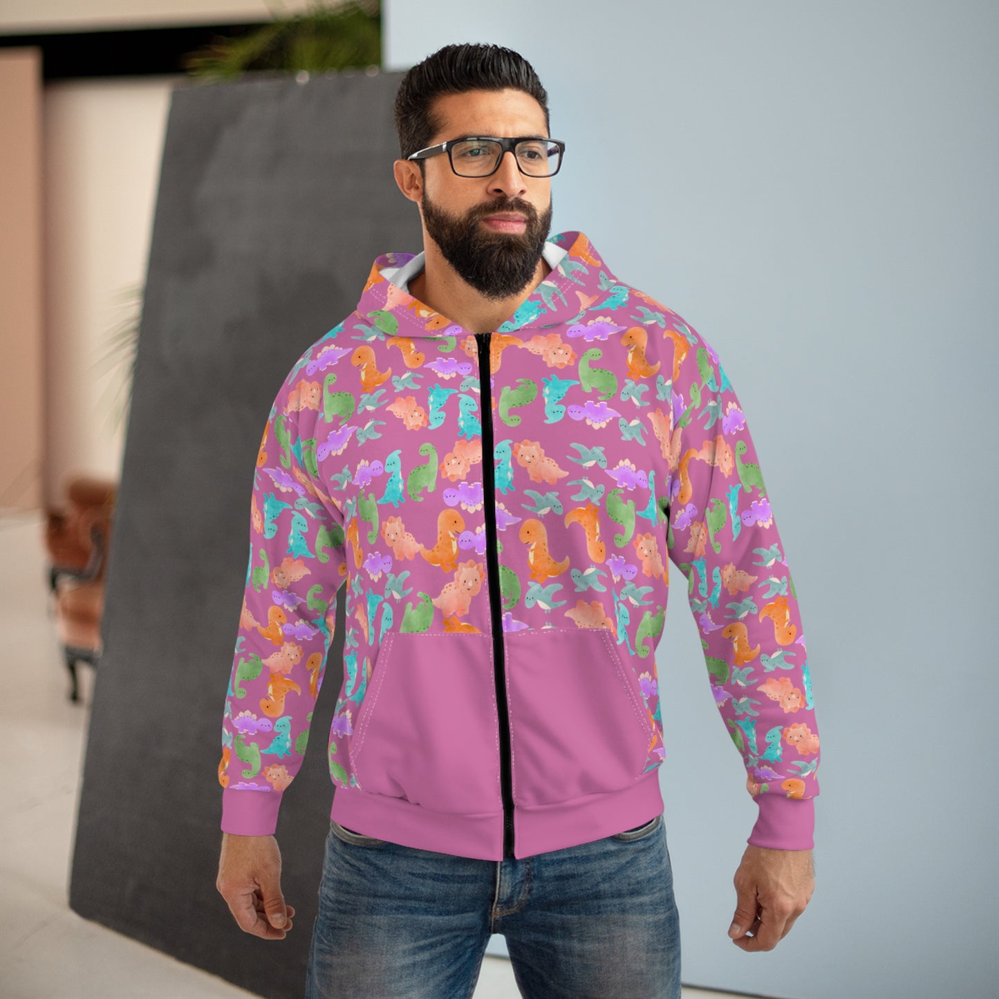 Colorful Dino Unisex Zip Hoodie OceanInspired Hooded Sweatshirt Beach Trip Hoodie Perfect Gift for Marine Life Lovers Rainbow Dinos Light Pink
