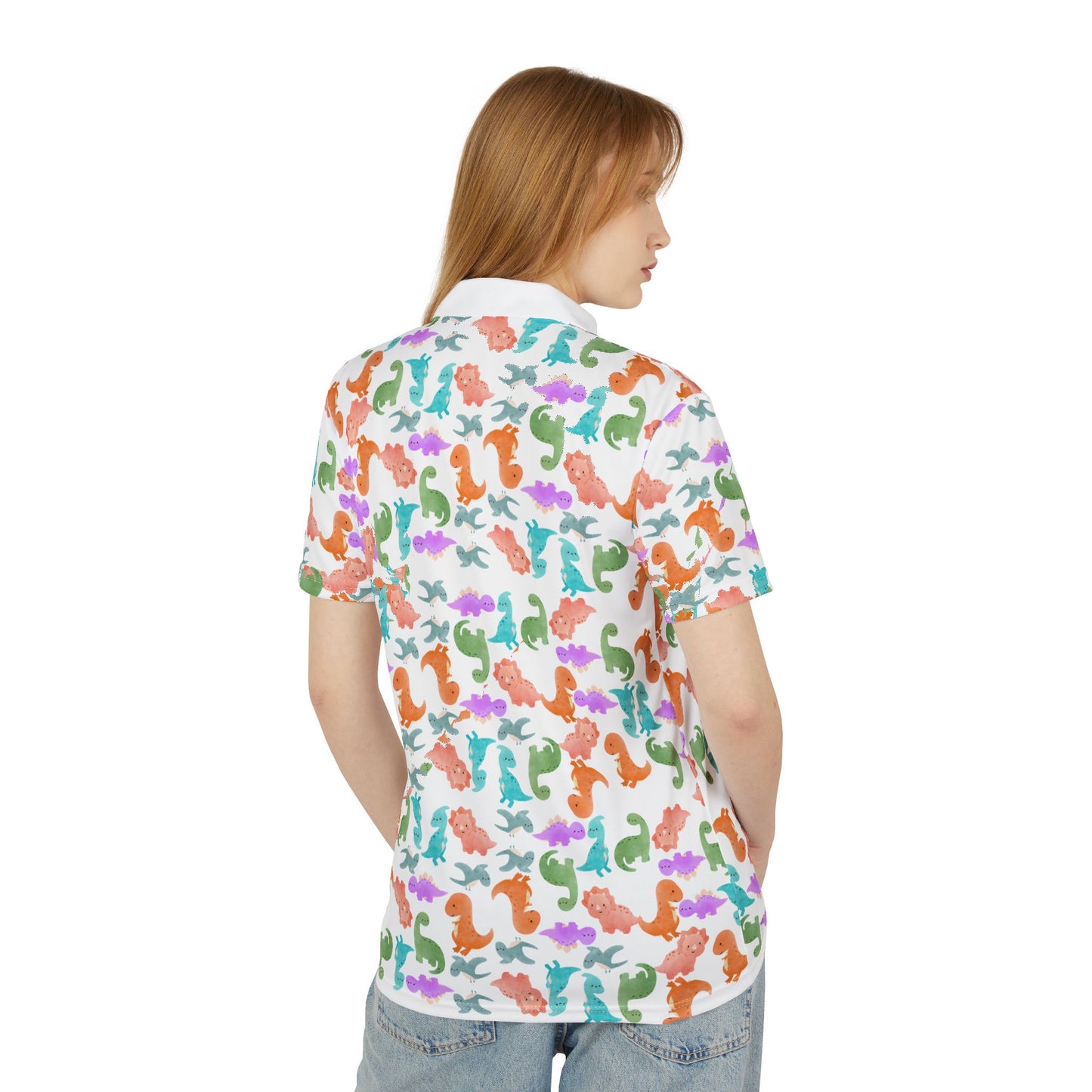 Colorful Unisex Polo Shirt Vibrant AOP Tee for Casual Wear Gift for Birthdays Summer Style Soft Fabric Enjoyment Rainbow Dinos Light Purple
