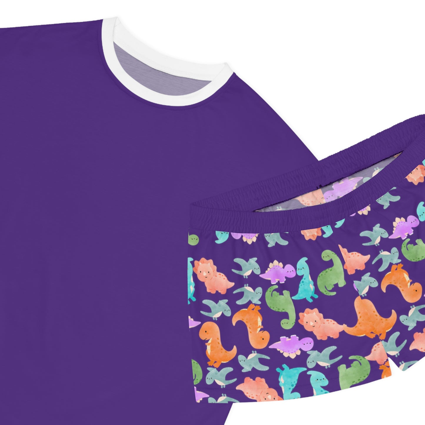 Womens Dinosaur Print Pajama Set Cozy Sleepwear Perfect for Relaxation Gift for Her Cute Loungewear Summer Nights Dinosaur Lovers Rainbow Dinos Purple