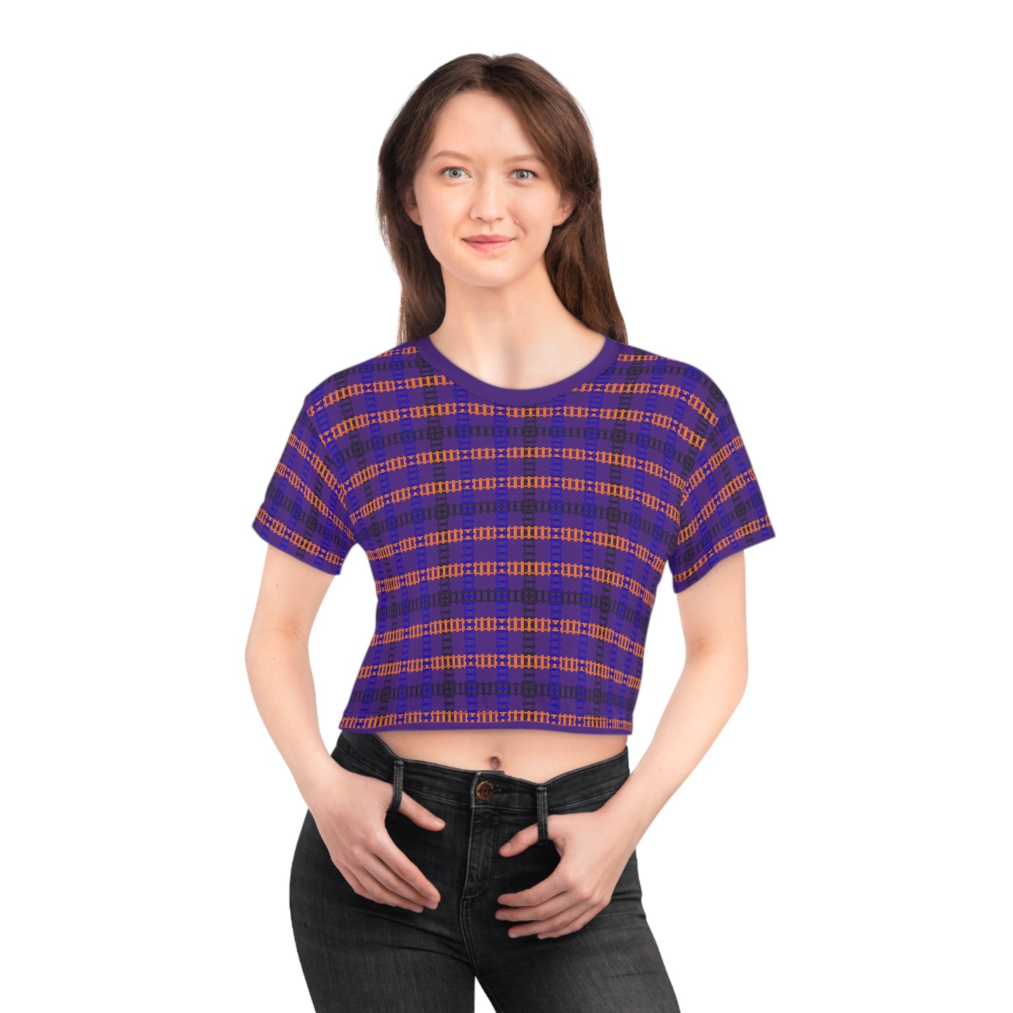 Trendy Patterned Crop Tee Casual Summer Top Gift for Her Festival Wear Stylish Weekend Outfits Train Tracks Purple