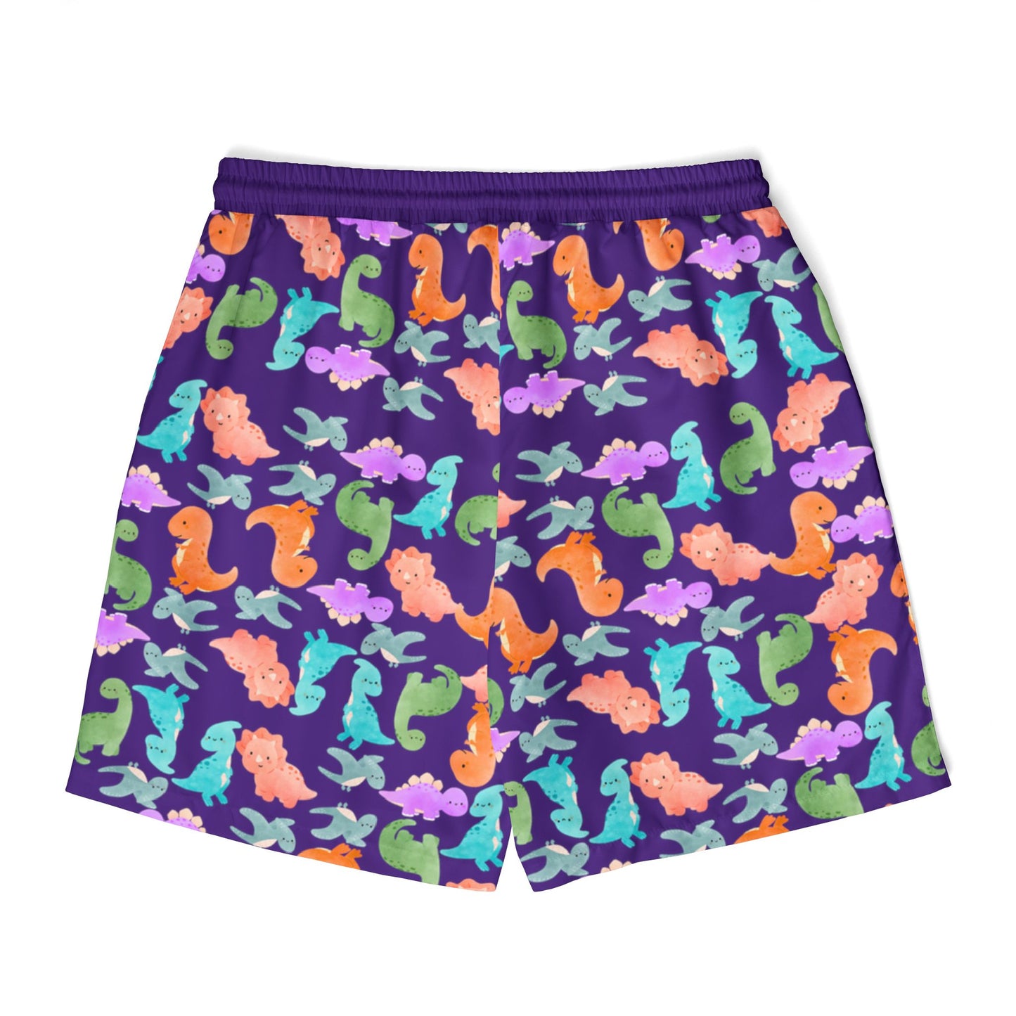 Vibrant Dino Unisex Swim Shorts Beachwear Summer Swimwear Vacation Essentials Pool Party Mens Swim Trunks Unique Design Rainbow Dinos Purple