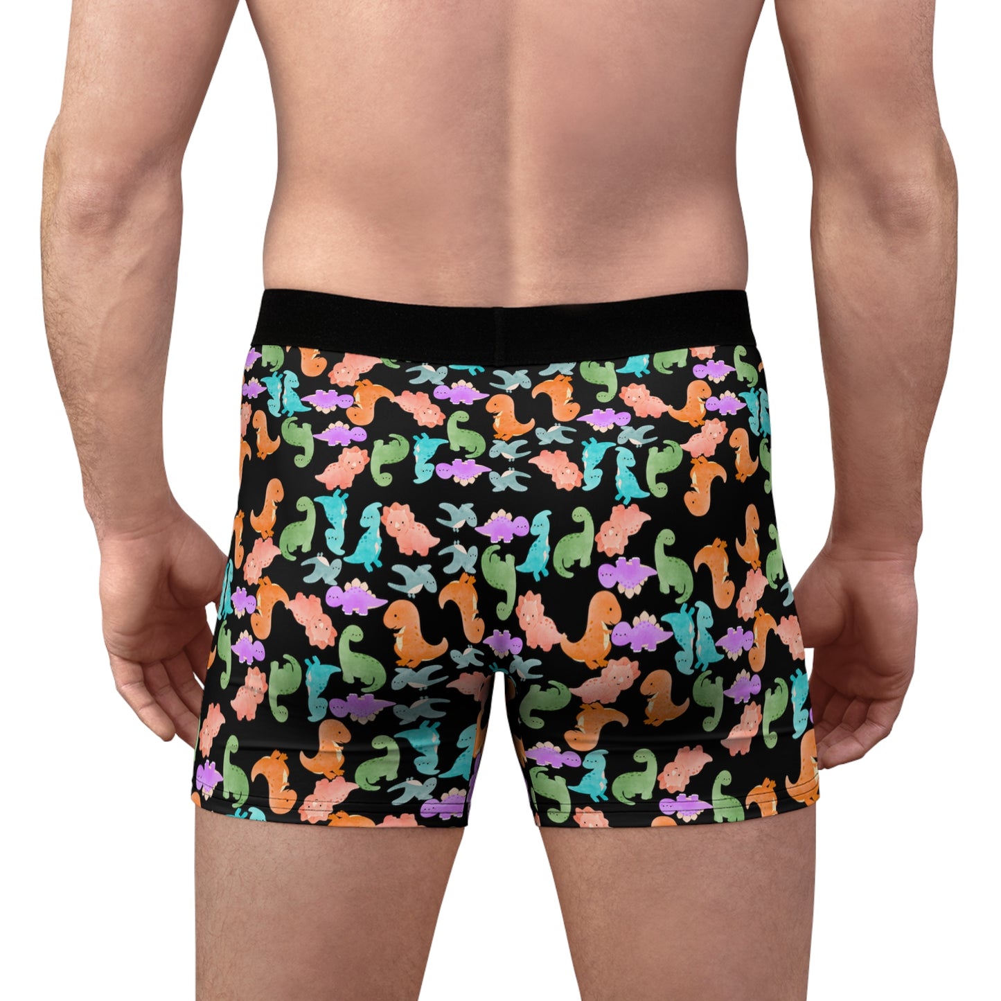 Playful Dino Print Mens Boxer Briefs Fun Underwear Colorful AOP Briefs Gift for Him Beach Vibe Loungewear Rainbow Dinos Black