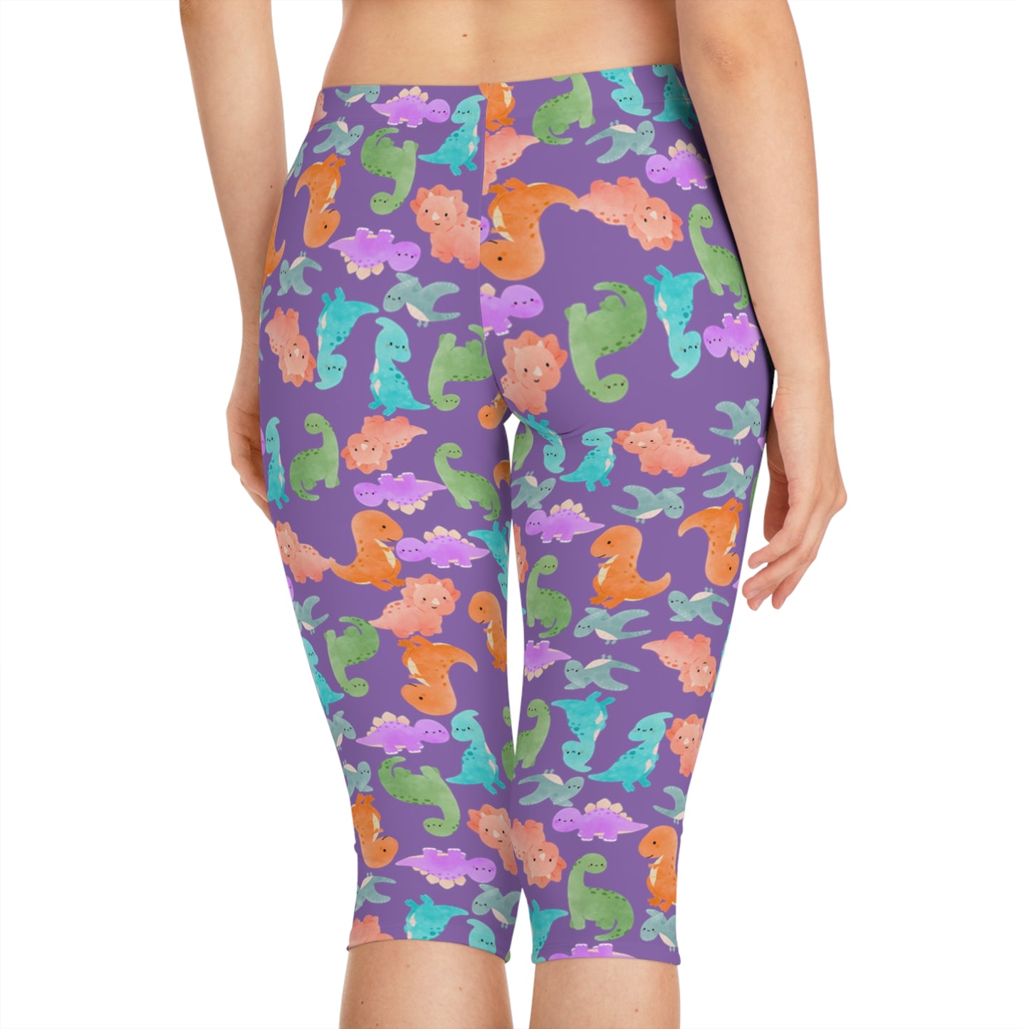 Playful Dino Print Womens Capri Leggings Cute Stretchy Pants for Yoga Casual Outfits Loungewear Gift for Her Rainbow Dinos Light Purple