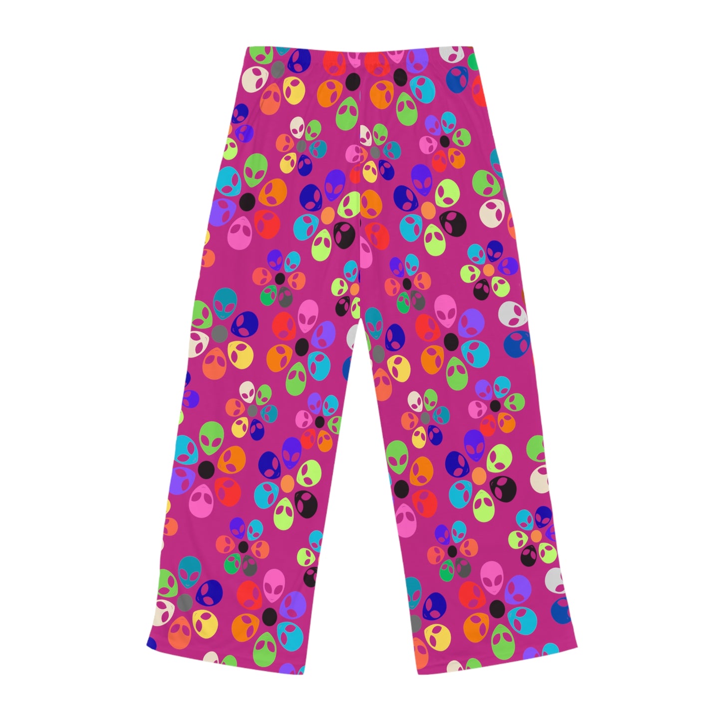 Colorful Alien Print Womens Pajama Pants Fun Loungewear Sleepwear for Alien Lovers Great Gift for Birthdays Relaxation Alien Rainbow Flowers Pink
