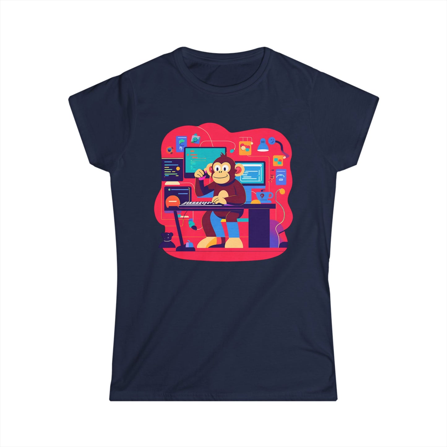 Cute Gamer Monkey Tee, Women's Gaming Shirt, Fun Softstyle Tee, Anime Style T-Shirt, Gift for Gamers, Cute Animal Apparel