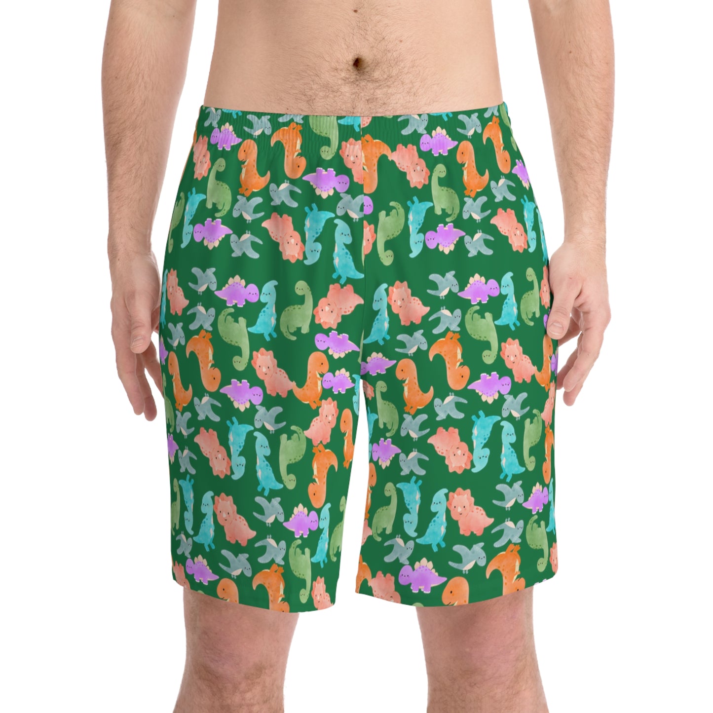 Colorful Dino Beach Shorts for Men Summertime Swimwear Vacation Essentials Pool Party Attire Trendy Summer Apparel Rainbow Dinos Dark Green