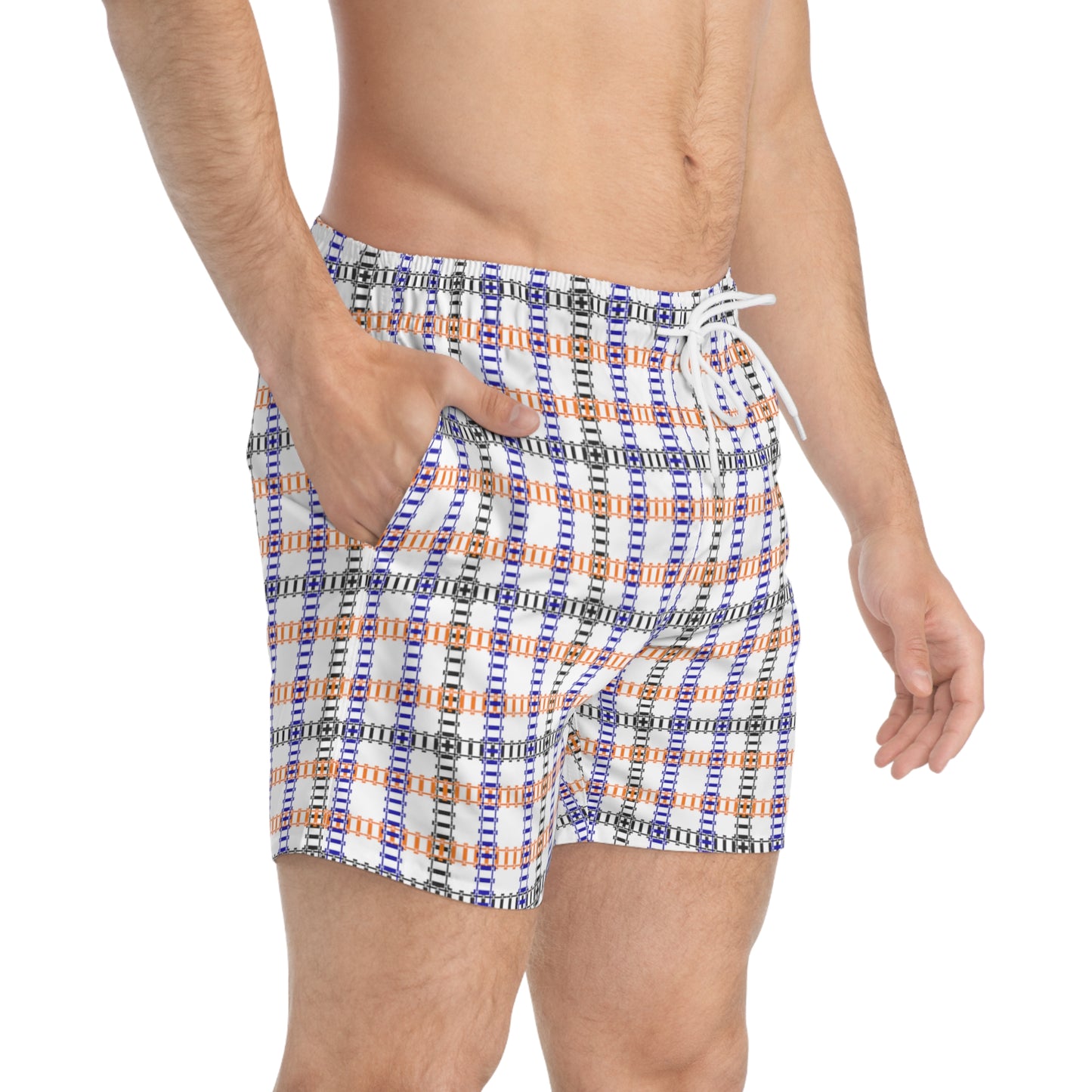 Vibrant Checkered Swim Trunks Beachwear for Summer Fun Vacation Essential Pool Party MustHave Mens Swim Shorts Train Tracks White