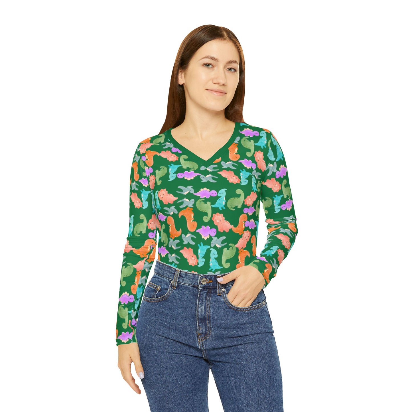 Vibrant Dino Print Womens Long Sleeve Vneck Shirt Beachwear Summer Tops Unique Gift Casual Style Vacation Wardrobe Rainbow Dinos Dark Green