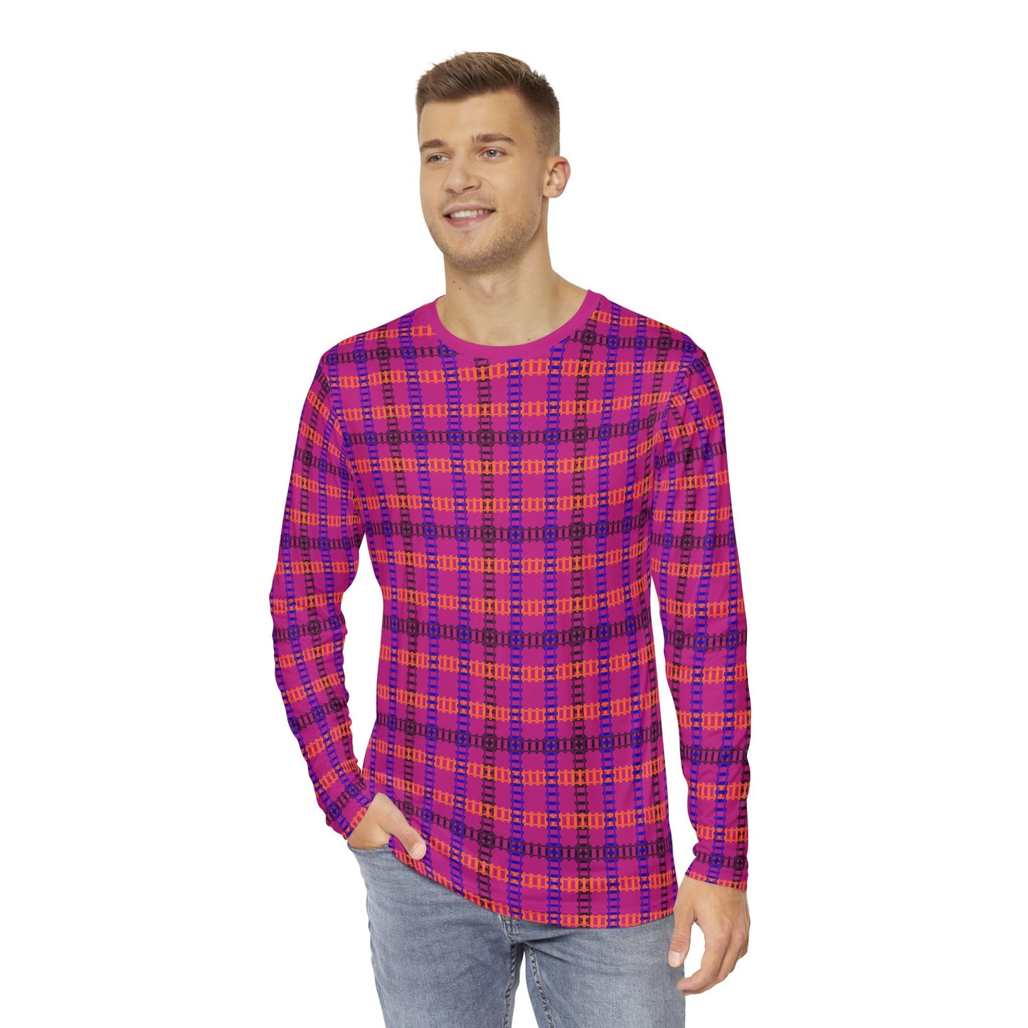 Vibrant Plaid Mens Long Sleeve Shirt Cozy Outfit Casual Wear Stylish Layering Perfect for Fall and Winter Train Tracks Pink