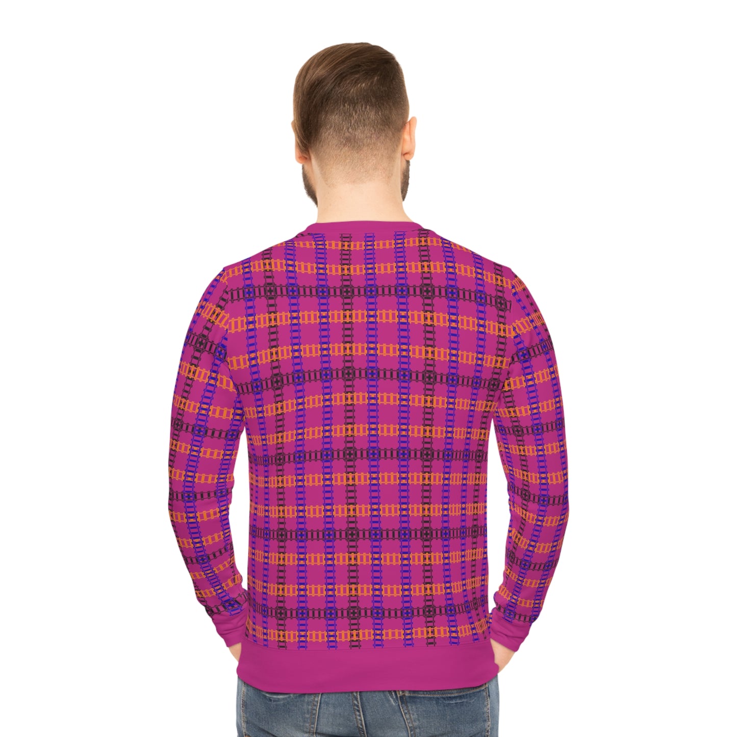 Vibrant Plaid Lightweight Sweatshirt Cozy Fall Attire Casual Wear Perfect for Autumn Gatherings Stylish Layering Option Train Tracks Pink