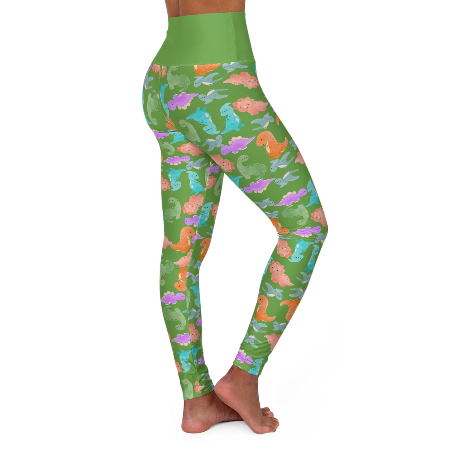 Whimsical Dinosaur Print Yoga Leggings High Waisted Fitness Leggings Party Wear Cute Workout Pants Trendy Sports Leggings Gifts for Her Rainbow Dinos Green