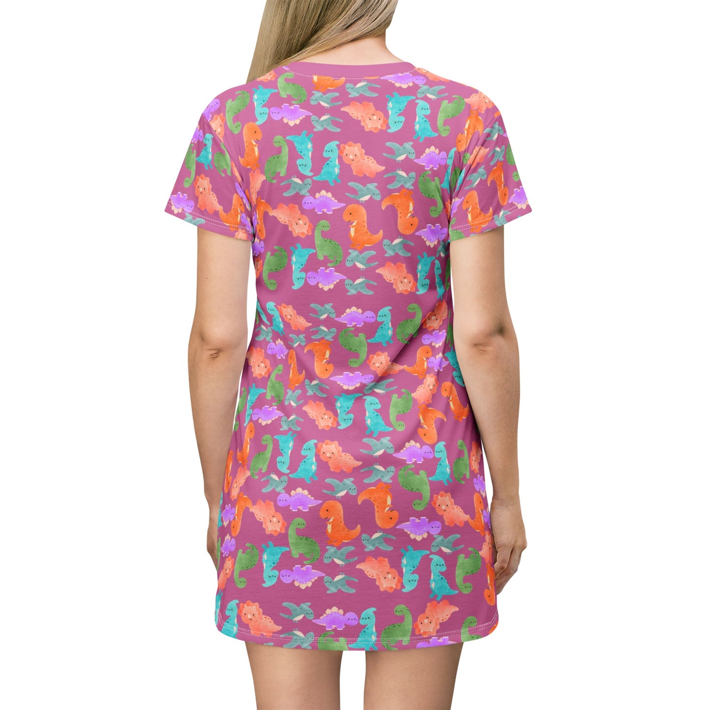 Colorful Dino TShirt Dress Beachwear Summer Dress Casual Outfit Gift for Her Sea Life Fashion Rainbow Dinos Light Pink