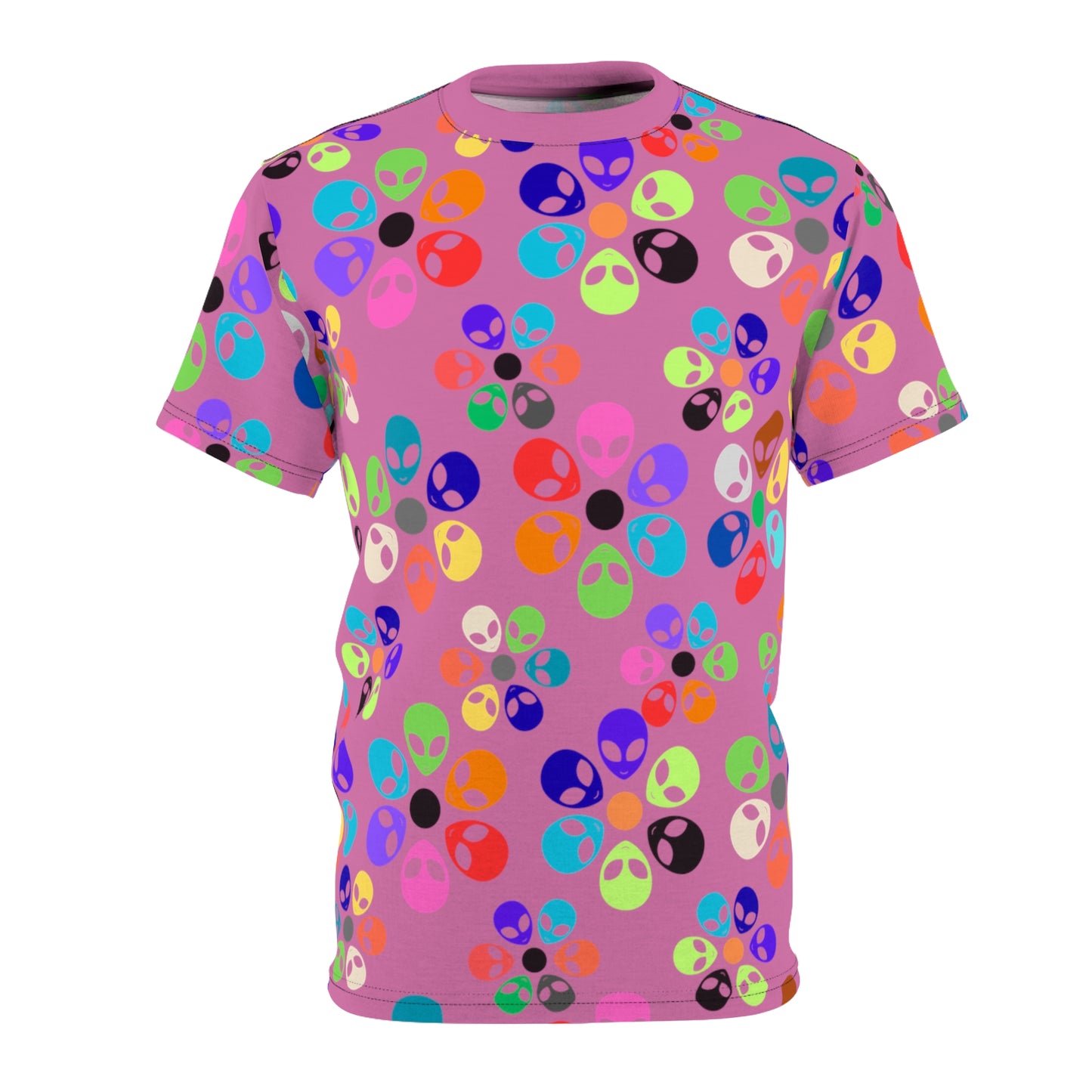 Colorful Alien Print Unisex TShirt Fun Graphic Tee Quirky Fashion Wear Gift for SciFi Lovers Trendy Casual Style Summer Apparel Alien Rainbow Flowers Light Pink